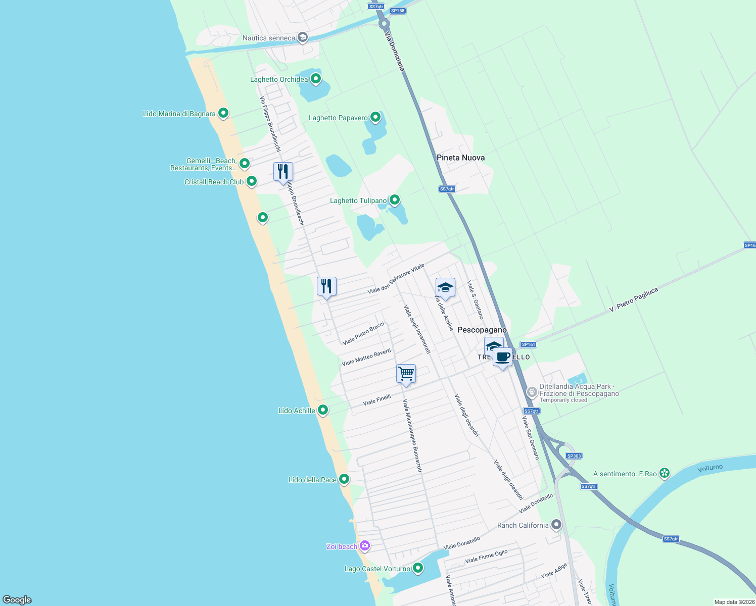 map of restaurants, bars, coffee shops, grocery stores, and more near 43 Viale Carlo Marocchetti in Castel Volturno