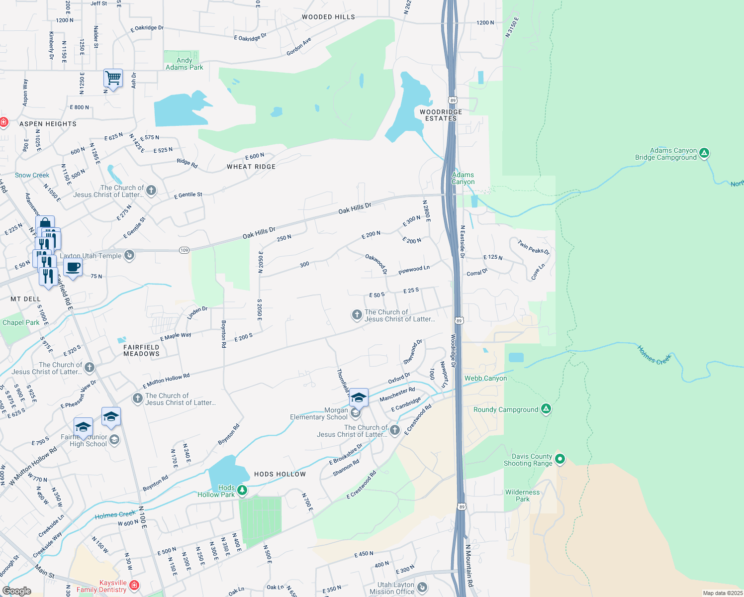 map of restaurants, bars, coffee shops, grocery stores, and more near 2528 East 50 South in Layton