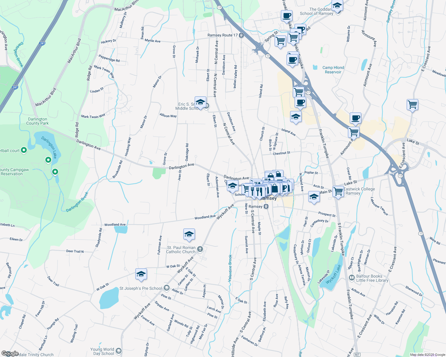 map of restaurants, bars, coffee shops, grocery stores, and more near 79 Cherry Ln in Ramsey