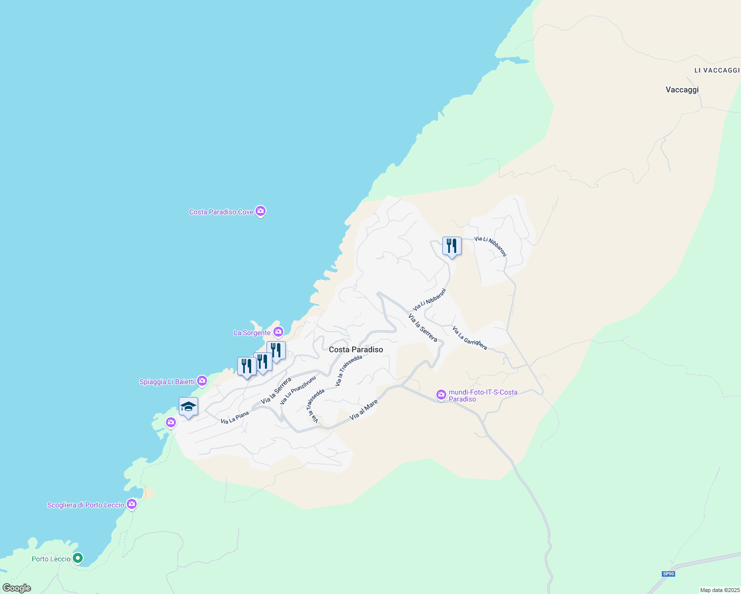 map of restaurants, bars, coffee shops, grocery stores, and more near 9 Via Lu Ciuoni in Costa Paradiso
