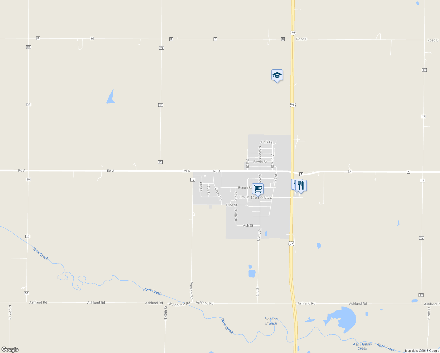 map of restaurants, bars, coffee shops, grocery stores, and more near 112 5th Street in Ceresco