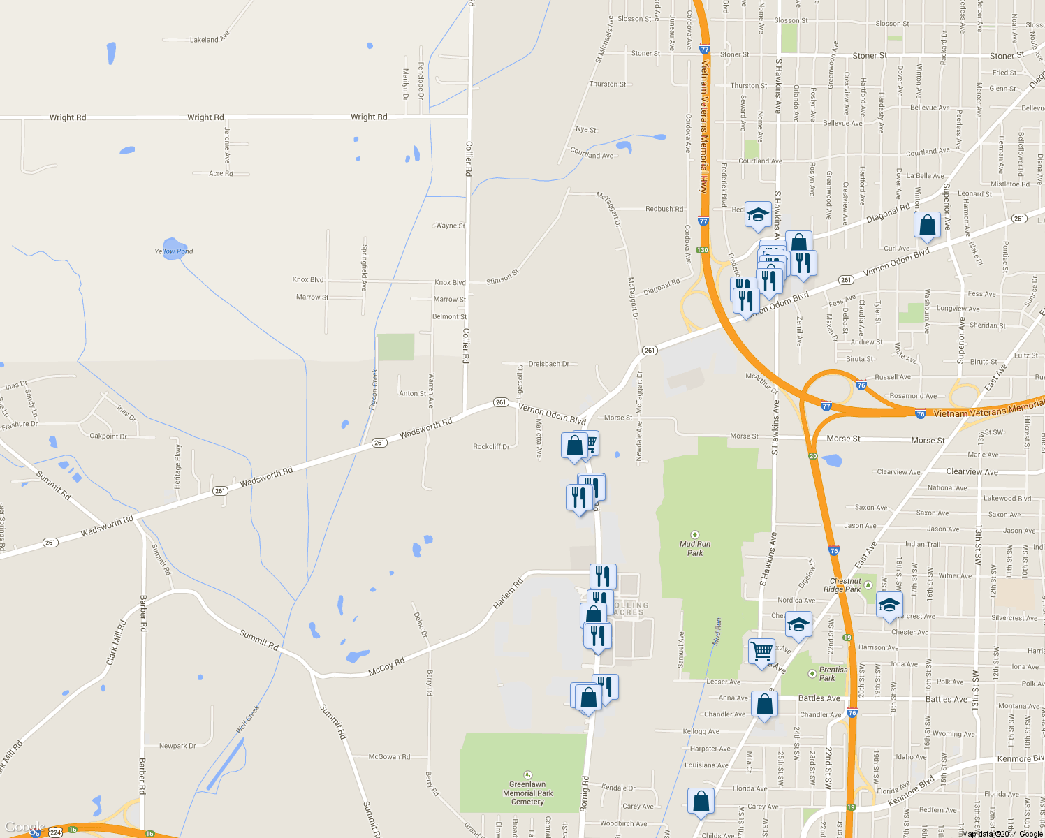 map of restaurants, bars, coffee shops, grocery stores, and more near 1830 Vernon Odom Boulevard in Akron