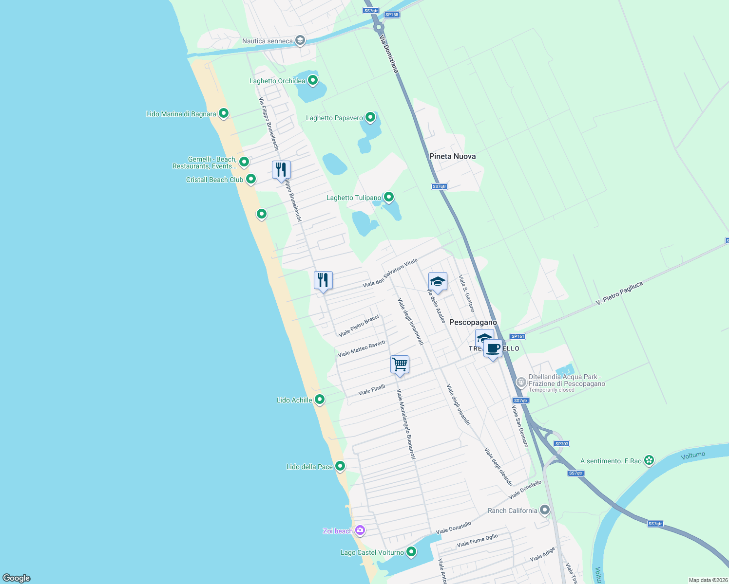 map of restaurants, bars, coffee shops, grocery stores, and more near 43 Viale Carlo Marocchetti in Castel Volturno