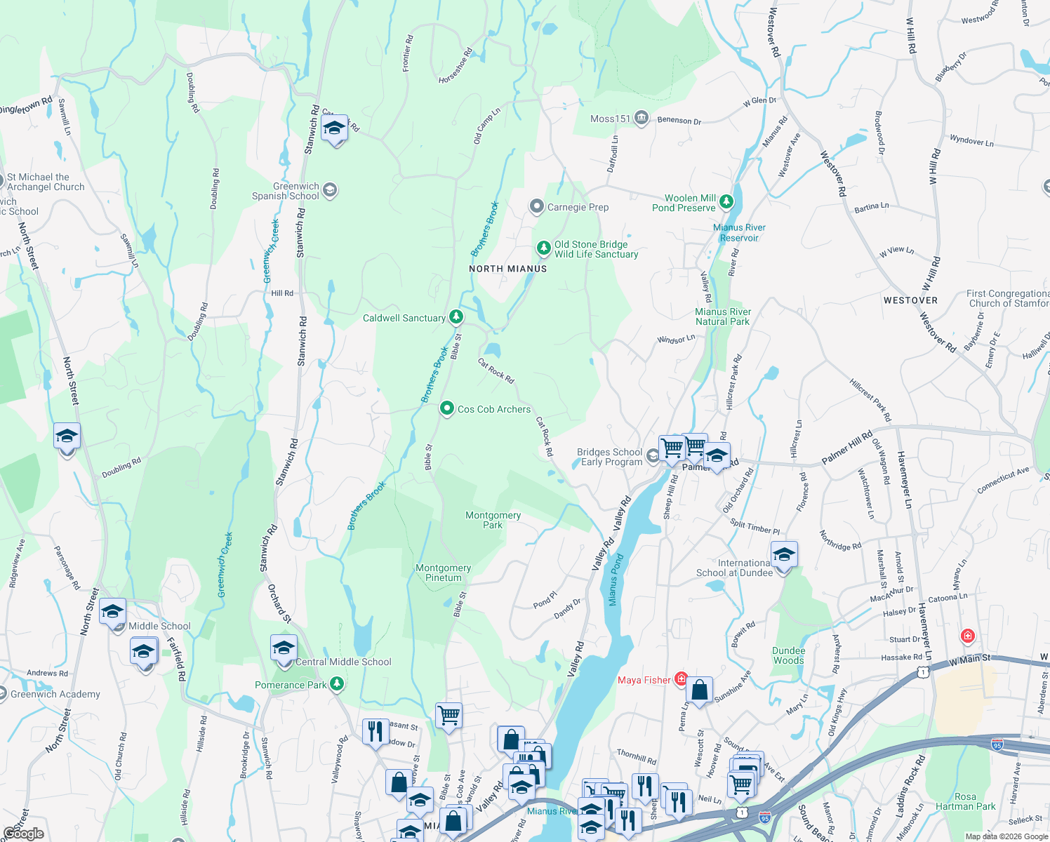 map of restaurants, bars, coffee shops, grocery stores, and more near 60 Cat Rock Road in Greenwich