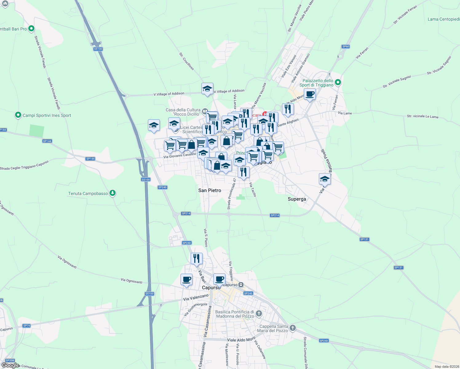 map of restaurants, bars, coffee shops, grocery stores, and more near 4 Via Marco Minghetti in Triggiano