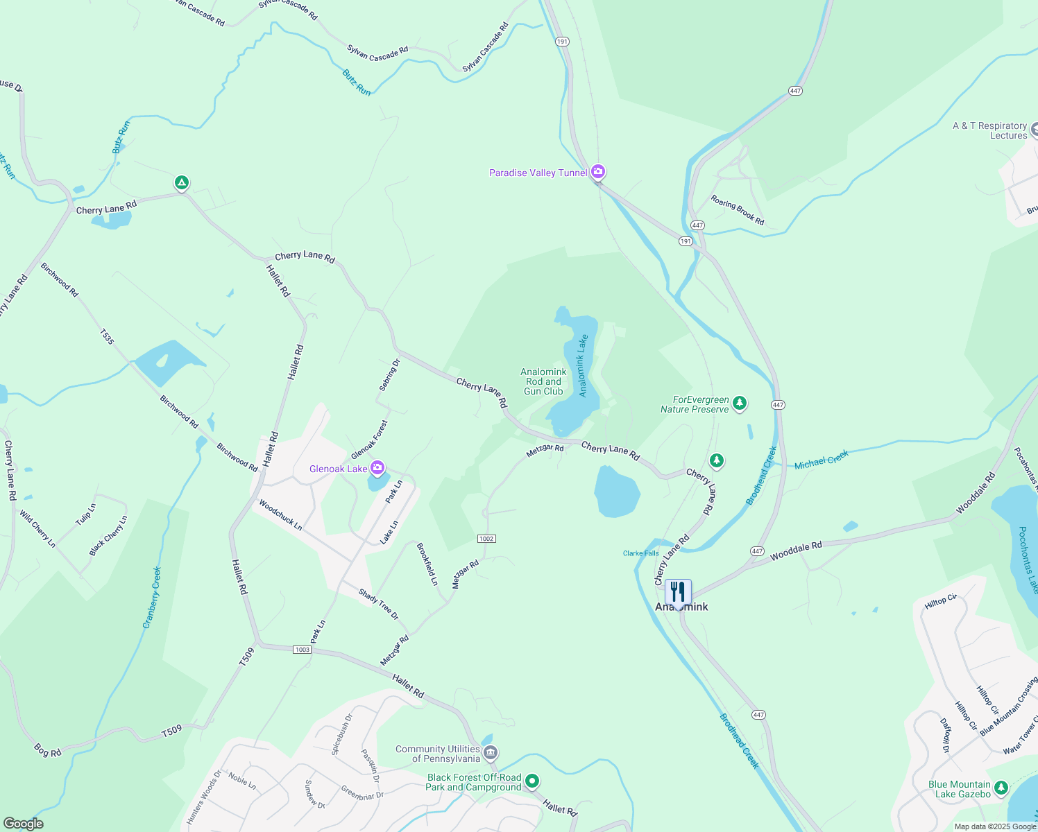 map of restaurants, bars, coffee shops, grocery stores, and more near 1389 Cherry Lane Road in East Stroudsburg