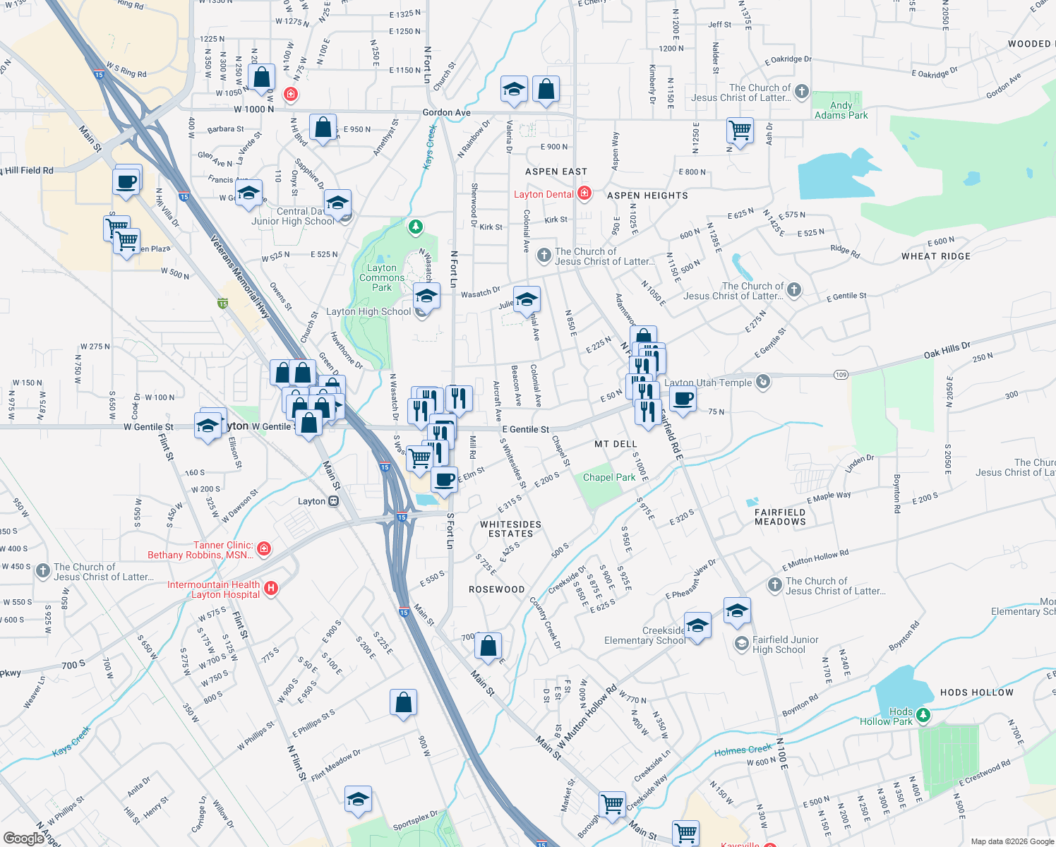 map of restaurants, bars, coffee shops, grocery stores, and more near 9 Colonial Avenue in Layton