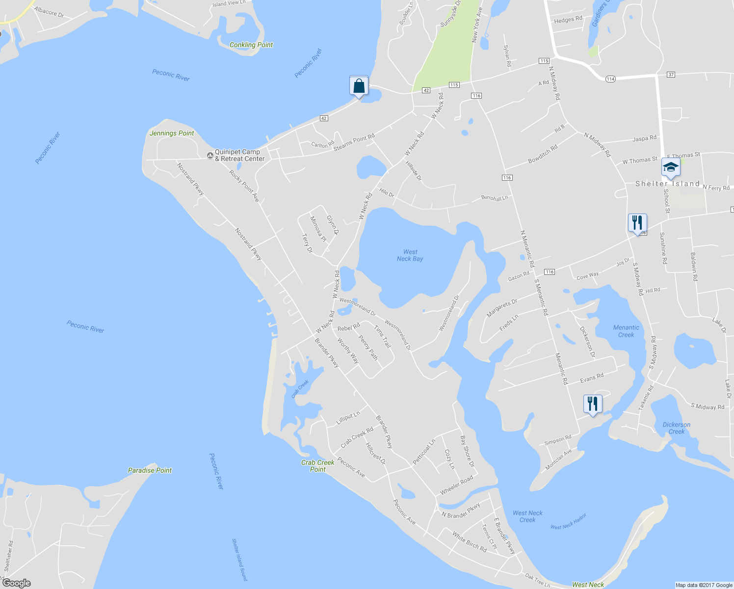 map of restaurants, bars, coffee shops, grocery stores, and more near 62 Westmoreland Drive in Shelter Island