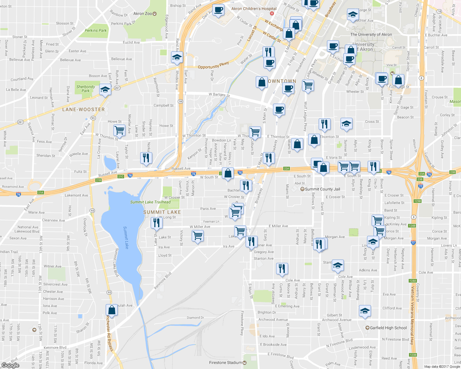map of restaurants, bars, coffee shops, grocery stores, and more near 940 Yale Street in Akron