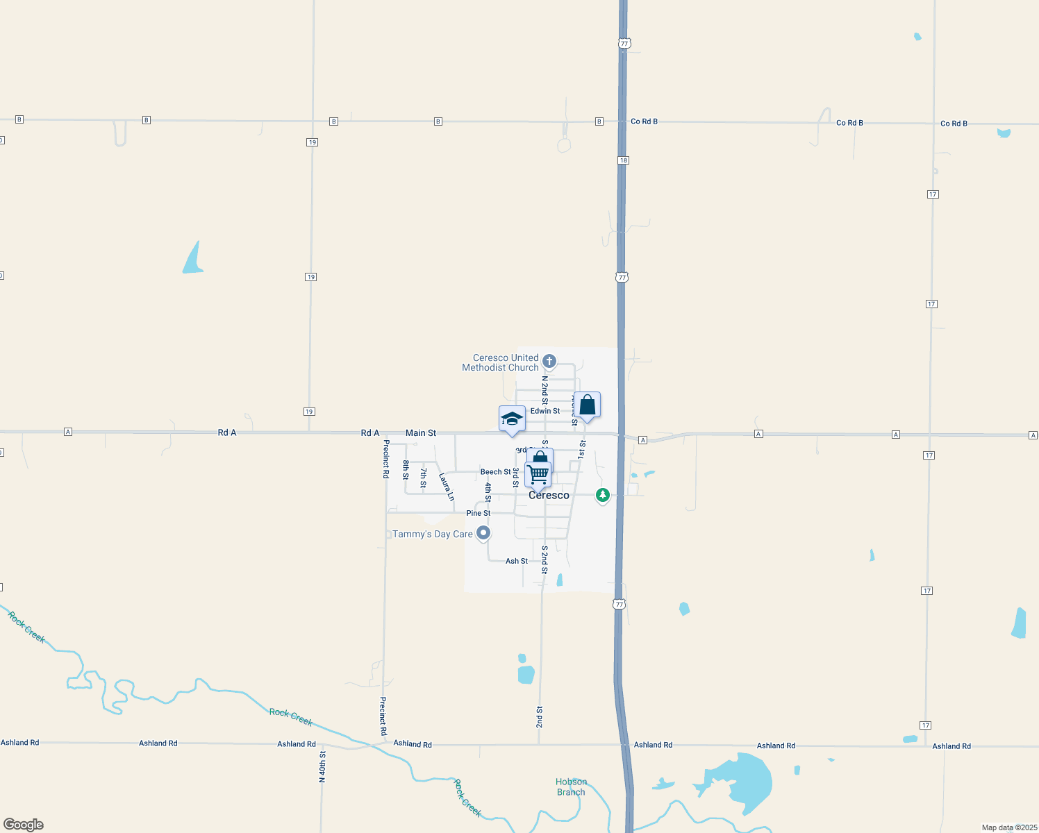 map of restaurants, bars, coffee shops, grocery stores, and more near 229 Edwin Street in Ceresco