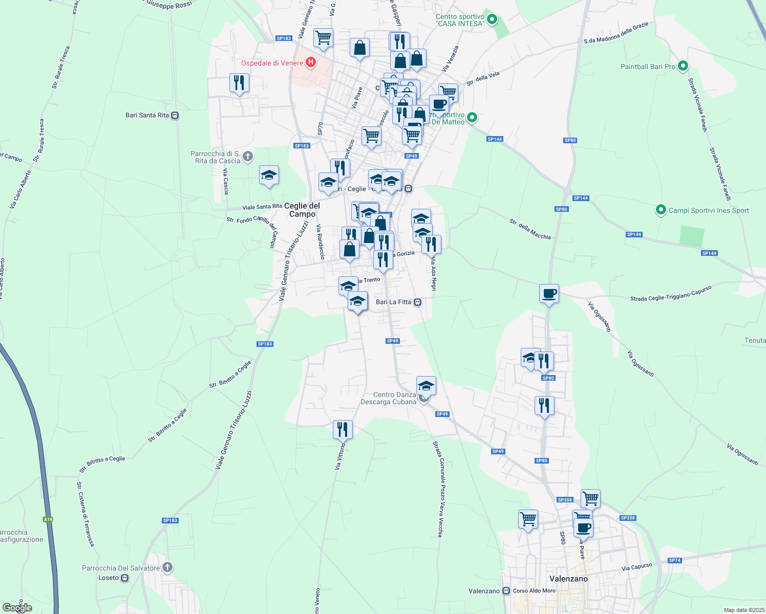 map of restaurants, bars, coffee shops, grocery stores, and more near 27 Via Antonio Losito in Bari