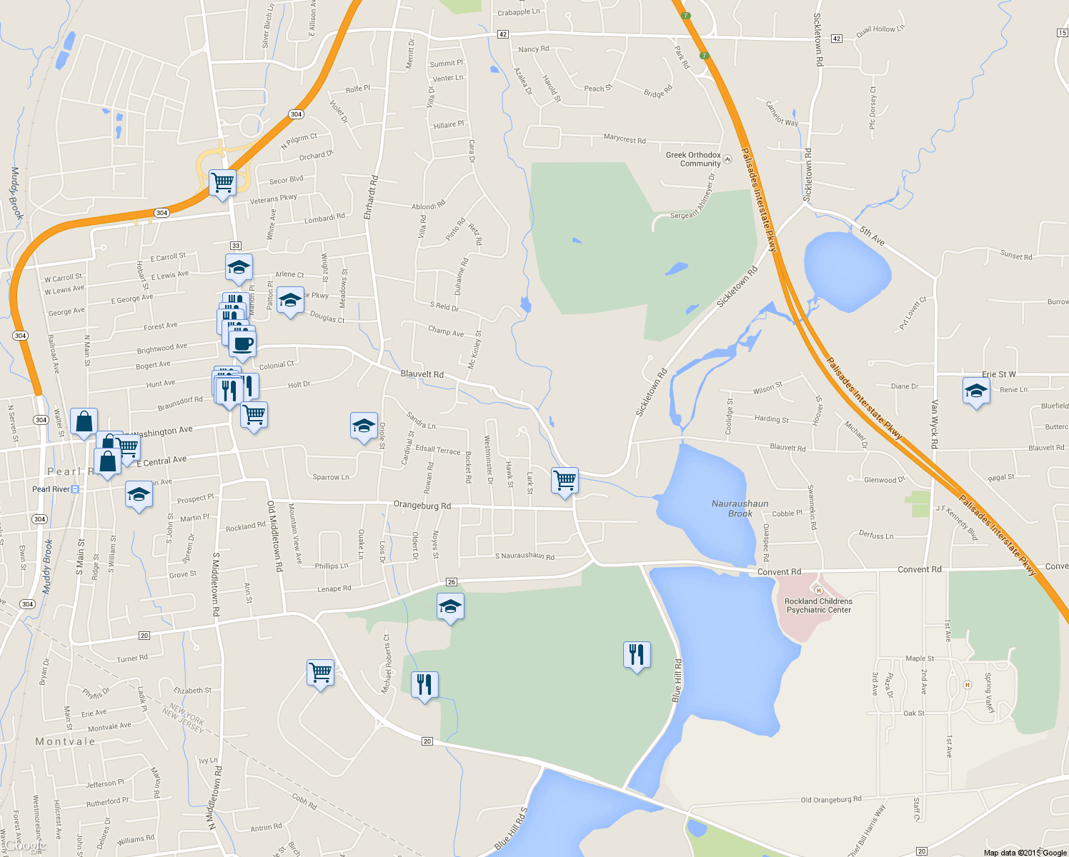 map of restaurants, bars, coffee shops, grocery stores, and more near 86 Lark Street in Pearl River