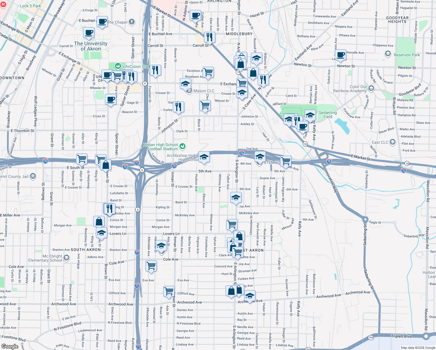 map of restaurants, bars, coffee shops, grocery stores, and more near 410 Whitney Ave in Akron