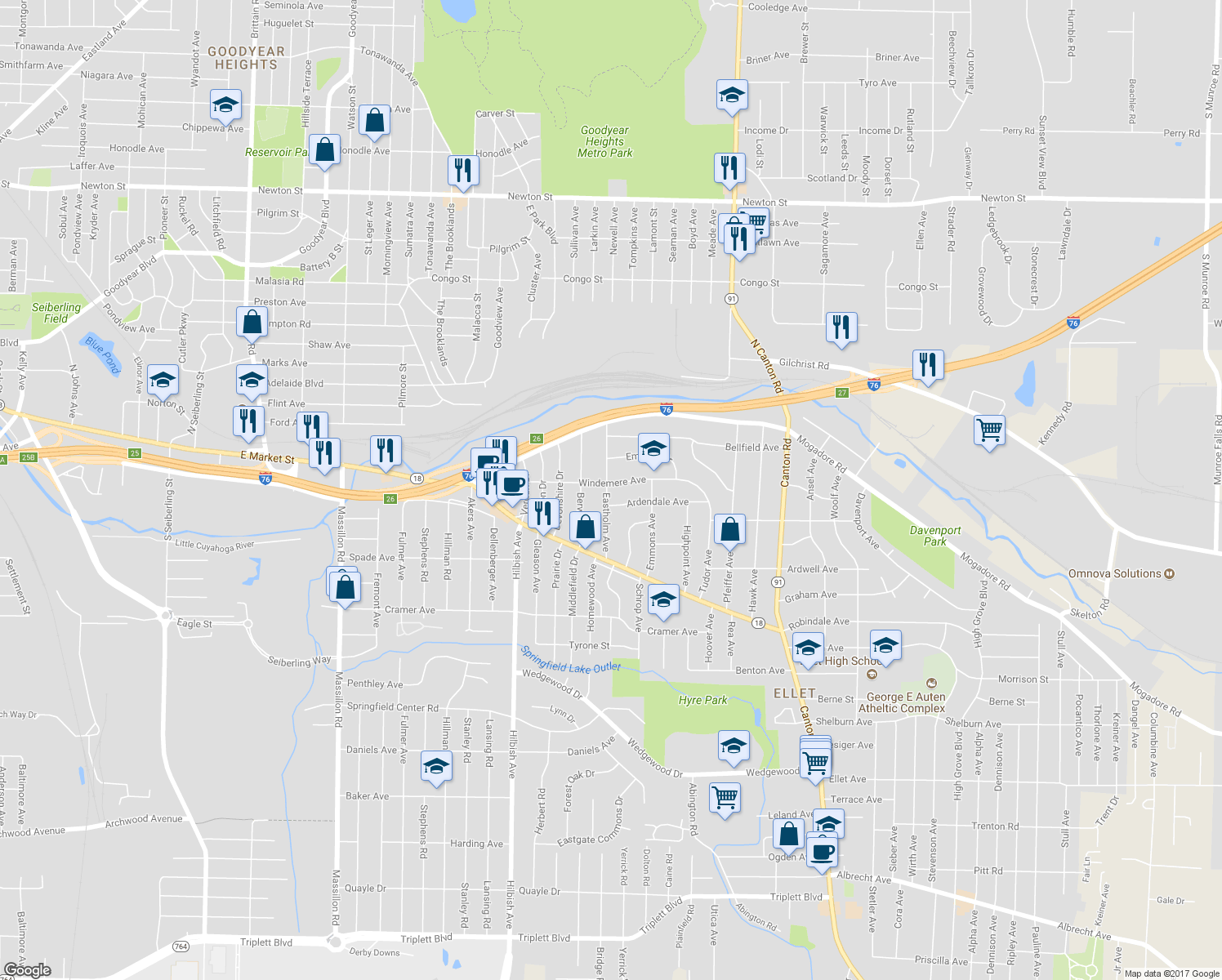 map of restaurants, bars, coffee shops, grocery stores, and more near 101 Eastholm Avenue in Akron
