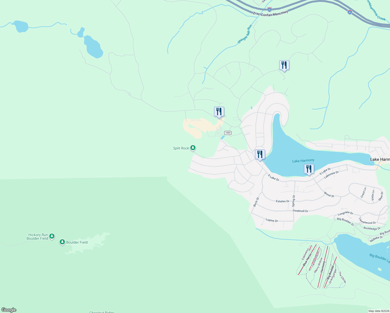 map of restaurants, bars, coffee shops, grocery stores, and more near 54 Split Rock Rd in Carbon