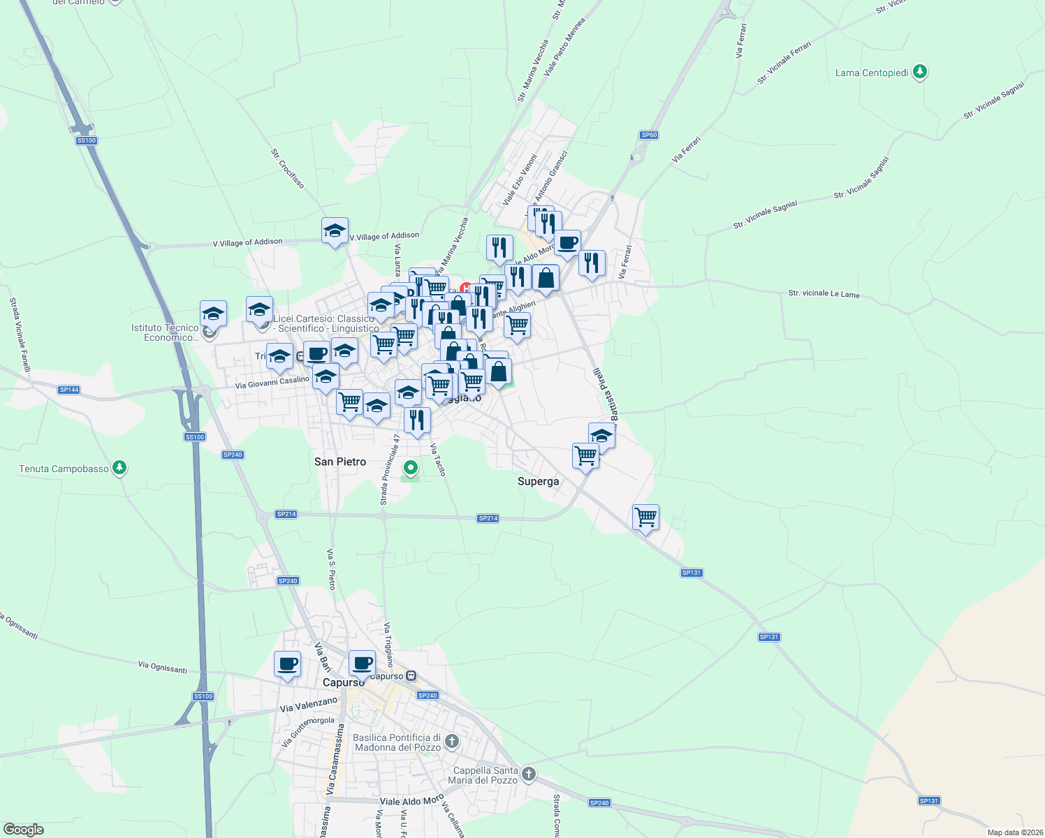 map of restaurants, bars, coffee shops, grocery stores, and more near 4 Via Salvo D'Acquisto in Triggiano