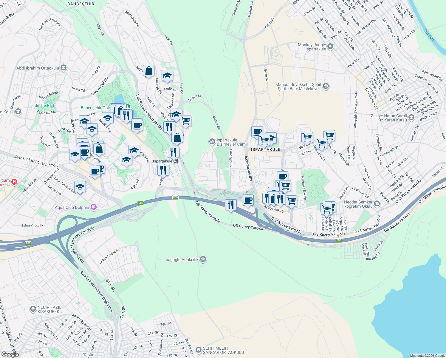 map of restaurants, bars, coffee shops, grocery stores, and more near 4/2 Ayçiçeği Sokak in Avcılar