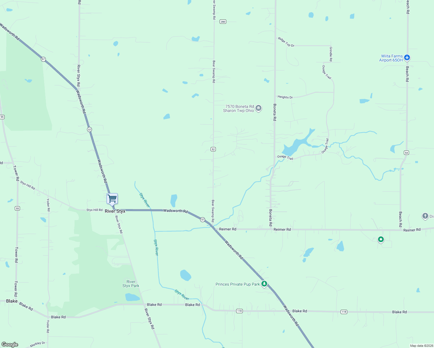 map of restaurants, bars, coffee shops, grocery stores, and more near 7821 Bear Swamp Road in Wadsworth