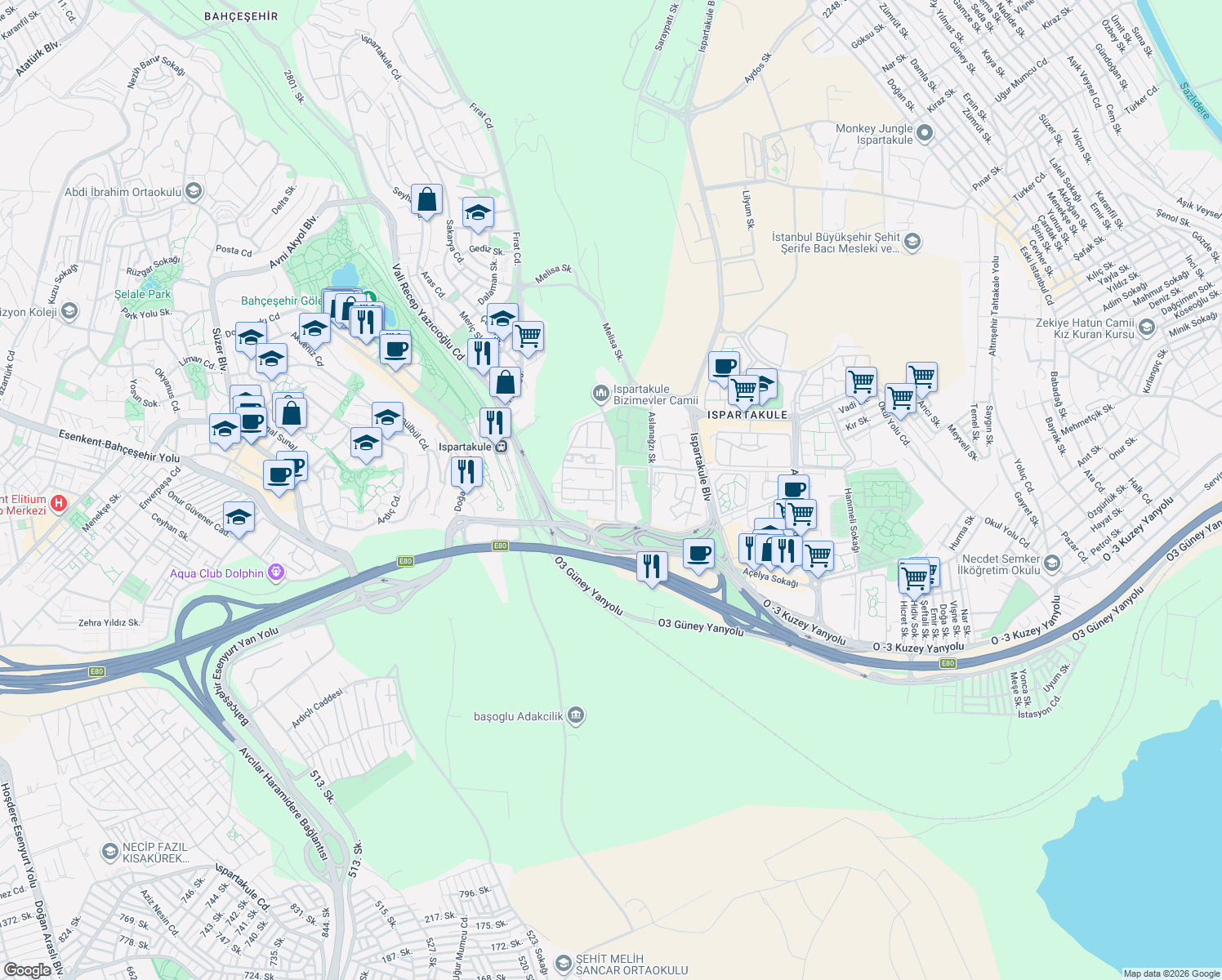 map of restaurants, bars, coffee shops, grocery stores, and more near No: 4/2 Ayçiçeği Sokak in Avcılar