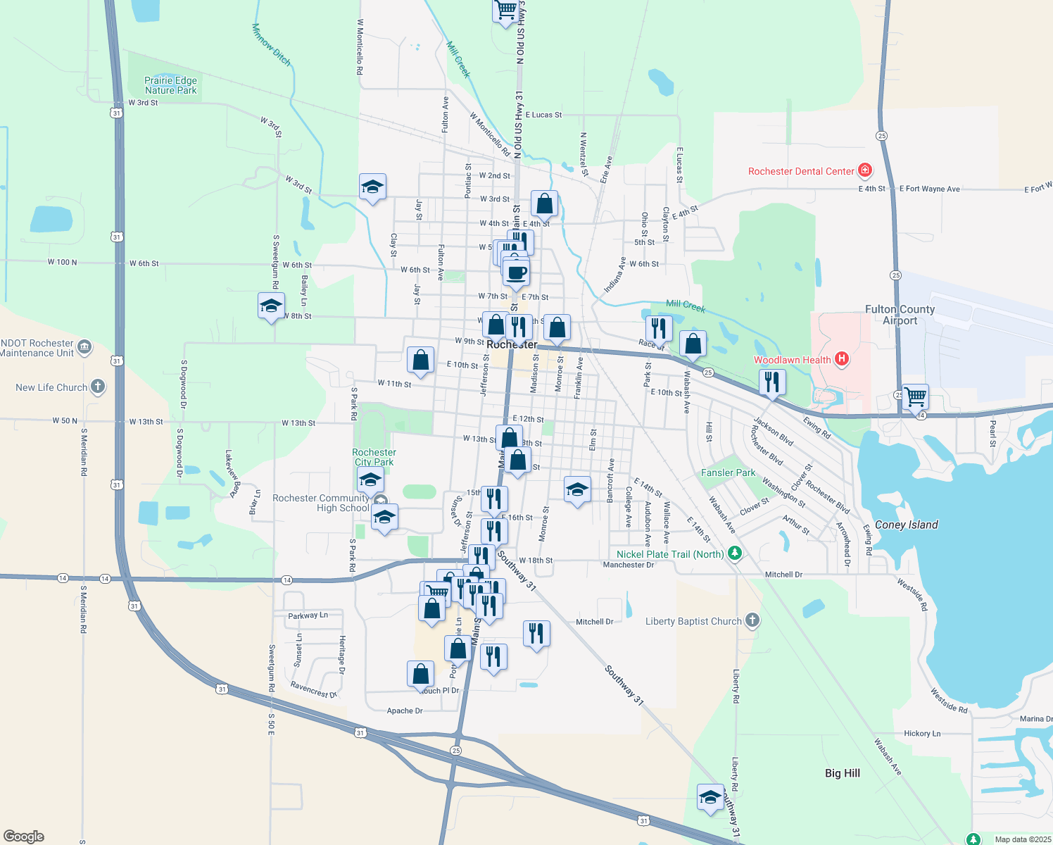 map of restaurants, bars, coffee shops, grocery stores, and more near 1200 Madison Street in Rochester