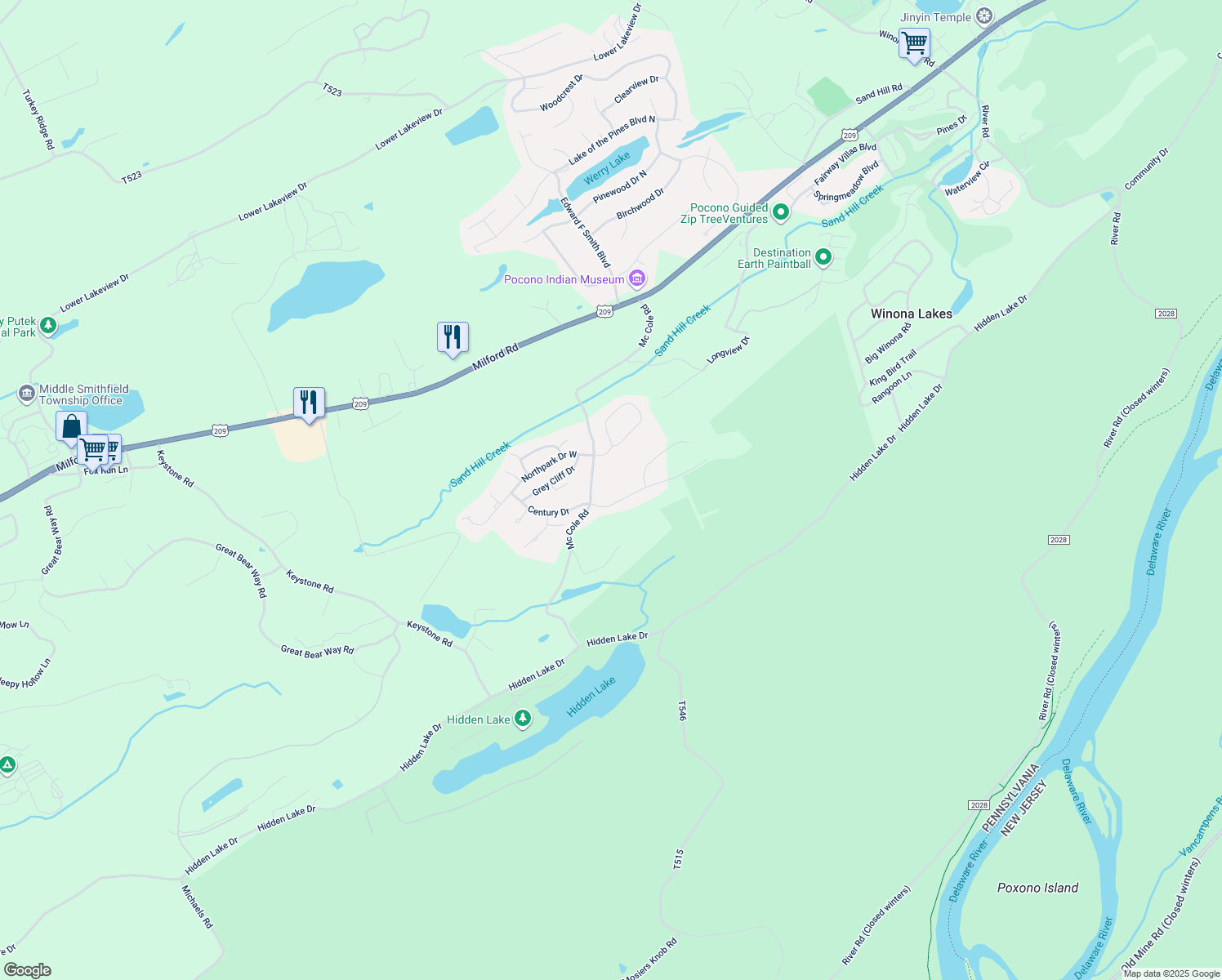map of restaurants, bars, coffee shops, grocery stores, and more near 21 Huckleberry Drive in East Stroudsburg