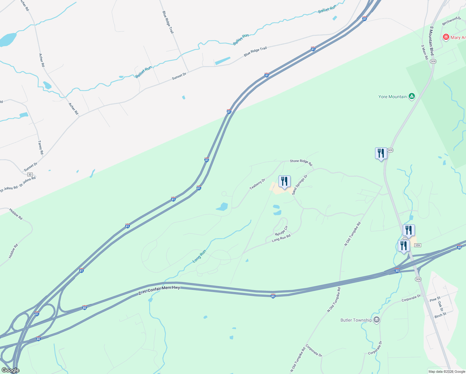 map of restaurants, bars, coffee shops, grocery stores, and more near 478 Long Run Road in Drums
