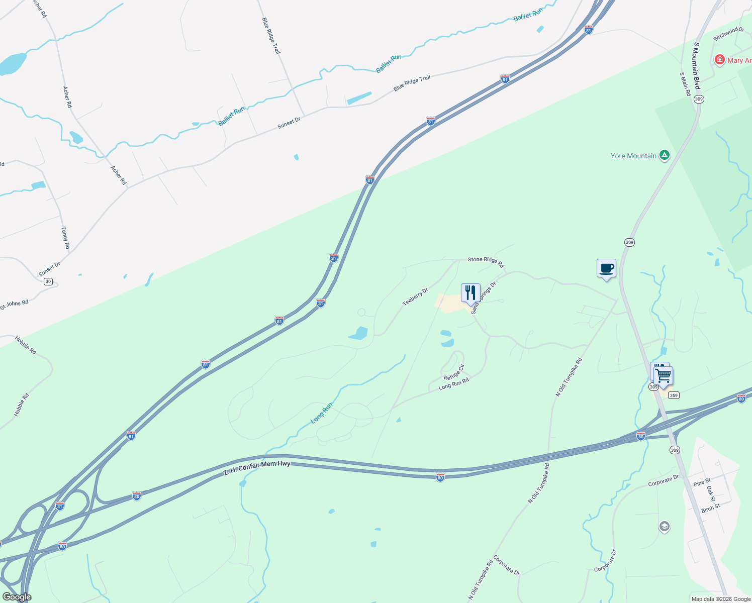 map of restaurants, bars, coffee shops, grocery stores, and more near 478 Long Run Road in Drums