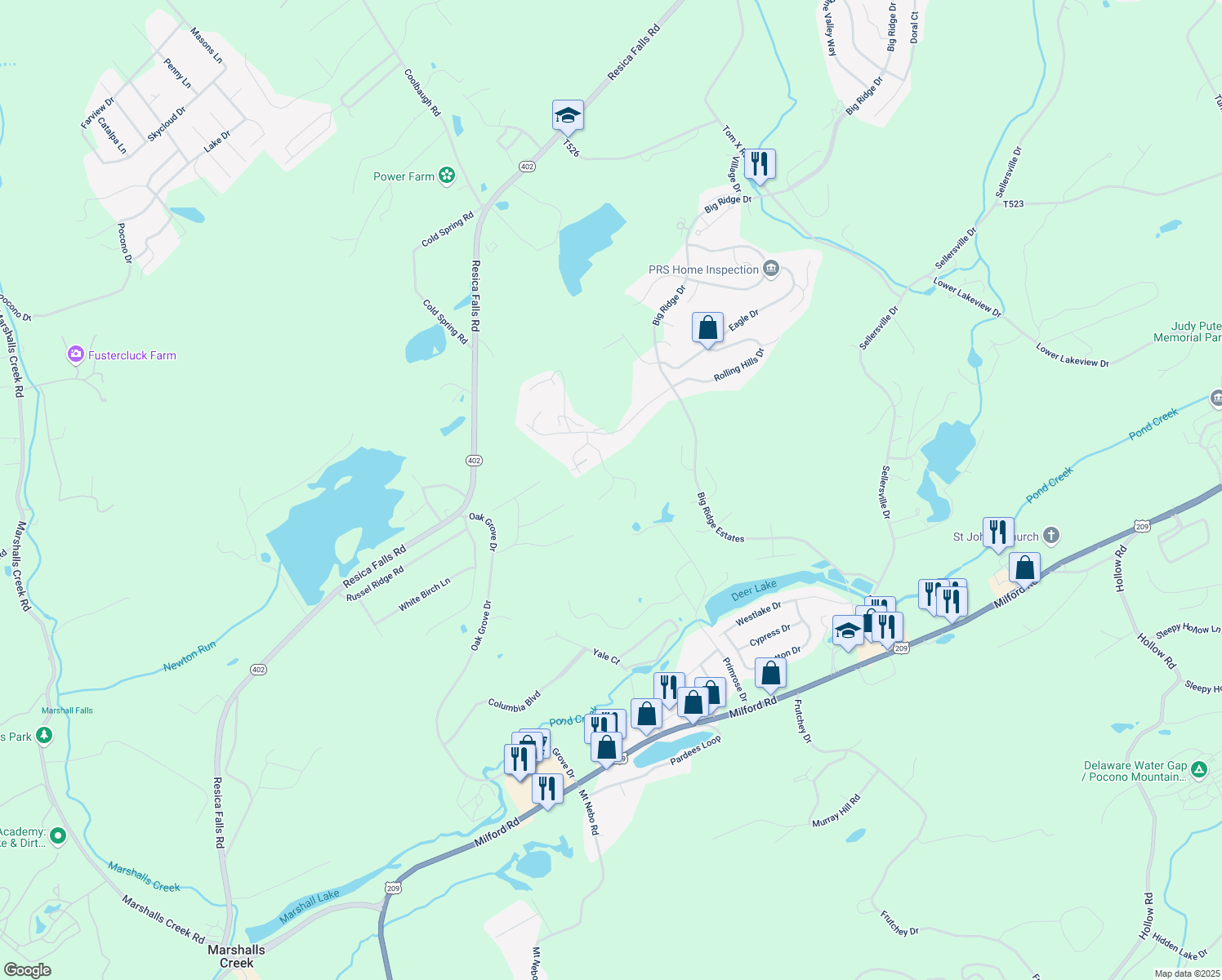 map of restaurants, bars, coffee shops, grocery stores, and more near Franklin Court in East Stroudsburg