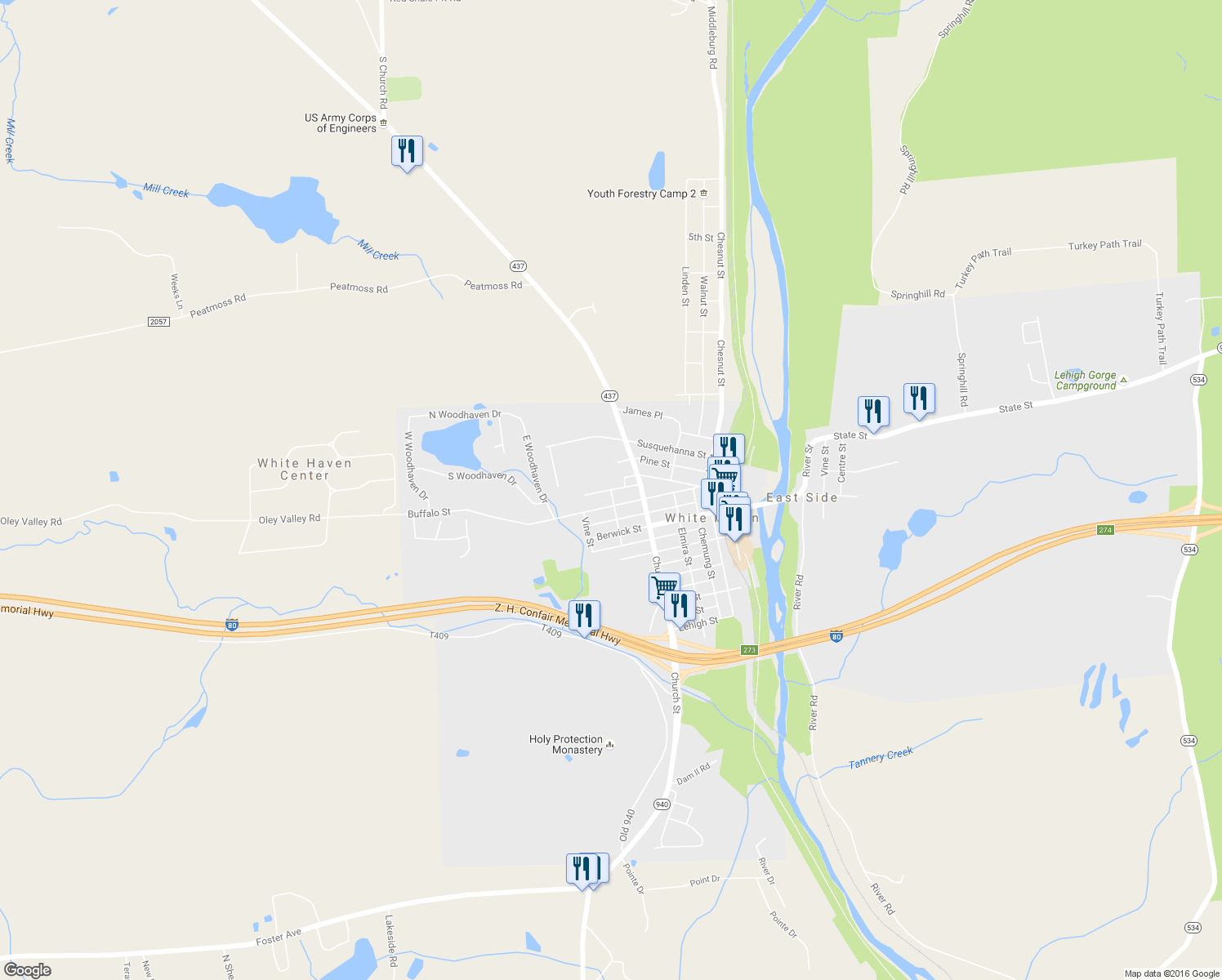 map of restaurants, bars, coffee shops, grocery stores, and more near Barry's Lane in White Haven