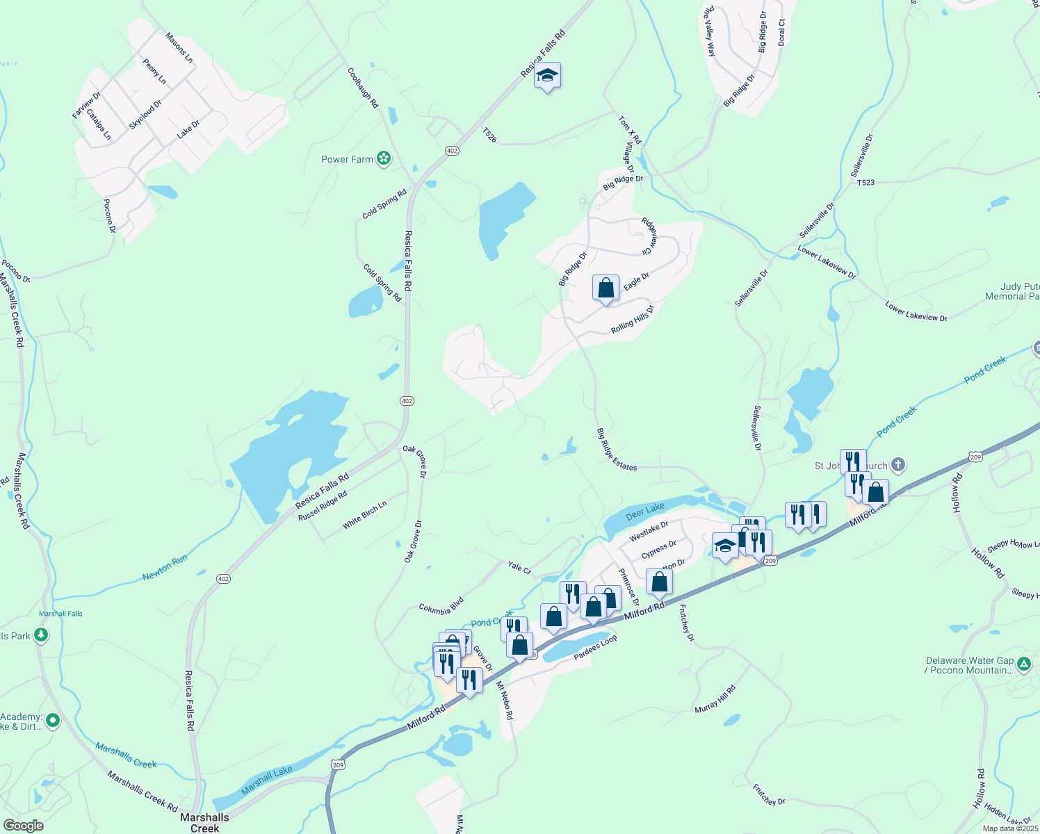 map of restaurants, bars, coffee shops, grocery stores, and more near 706 Franklin Court in East Stroudsburg