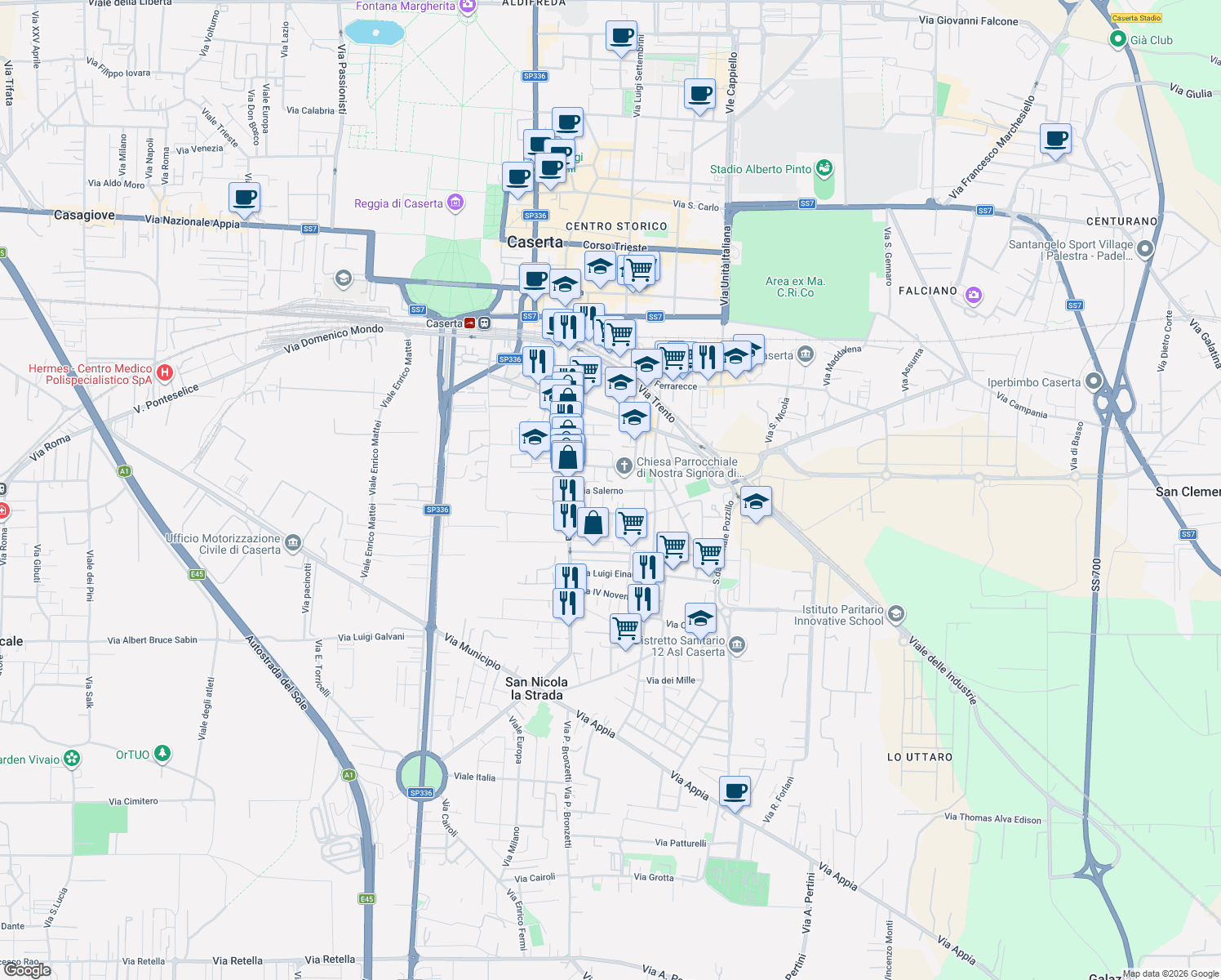 map of restaurants, bars, coffee shops, grocery stores, and more near 15 Via Salvatore di Giacomo in Caserta