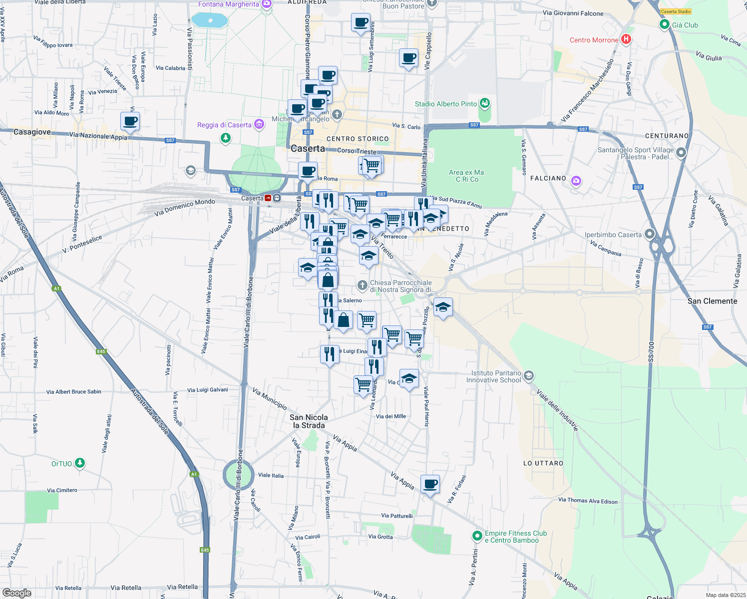 map of restaurants, bars, coffee shops, grocery stores, and more near 67 Via Salerno in Caserta