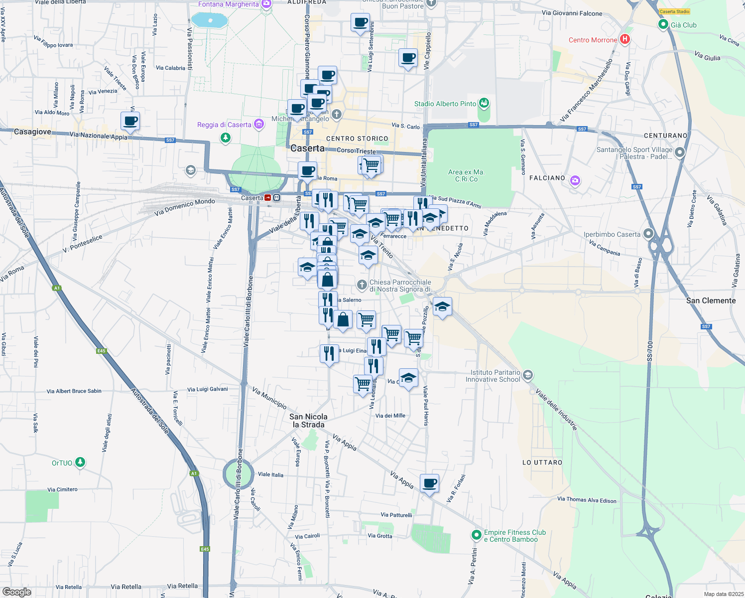 map of restaurants, bars, coffee shops, grocery stores, and more near 67 Via Salerno in Caserta