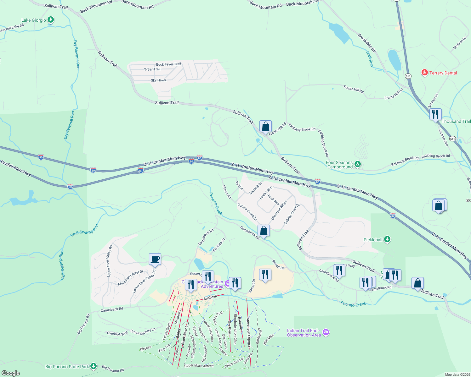 map of restaurants, bars, coffee shops, grocery stores, and more near Aspen Way in Tannersville