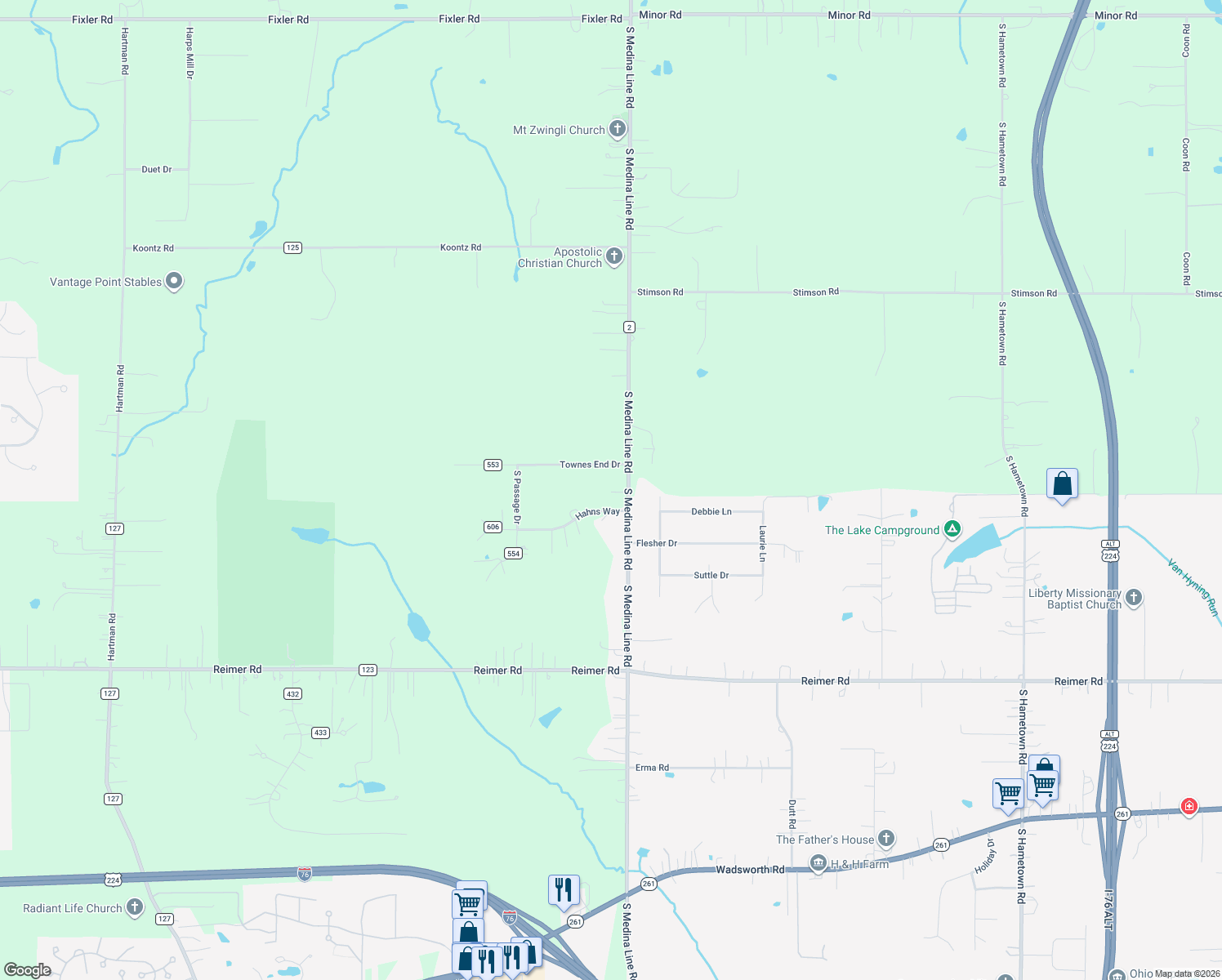 map of restaurants, bars, coffee shops, grocery stores, and more near 2680 South Medina Line Road in Wadsworth