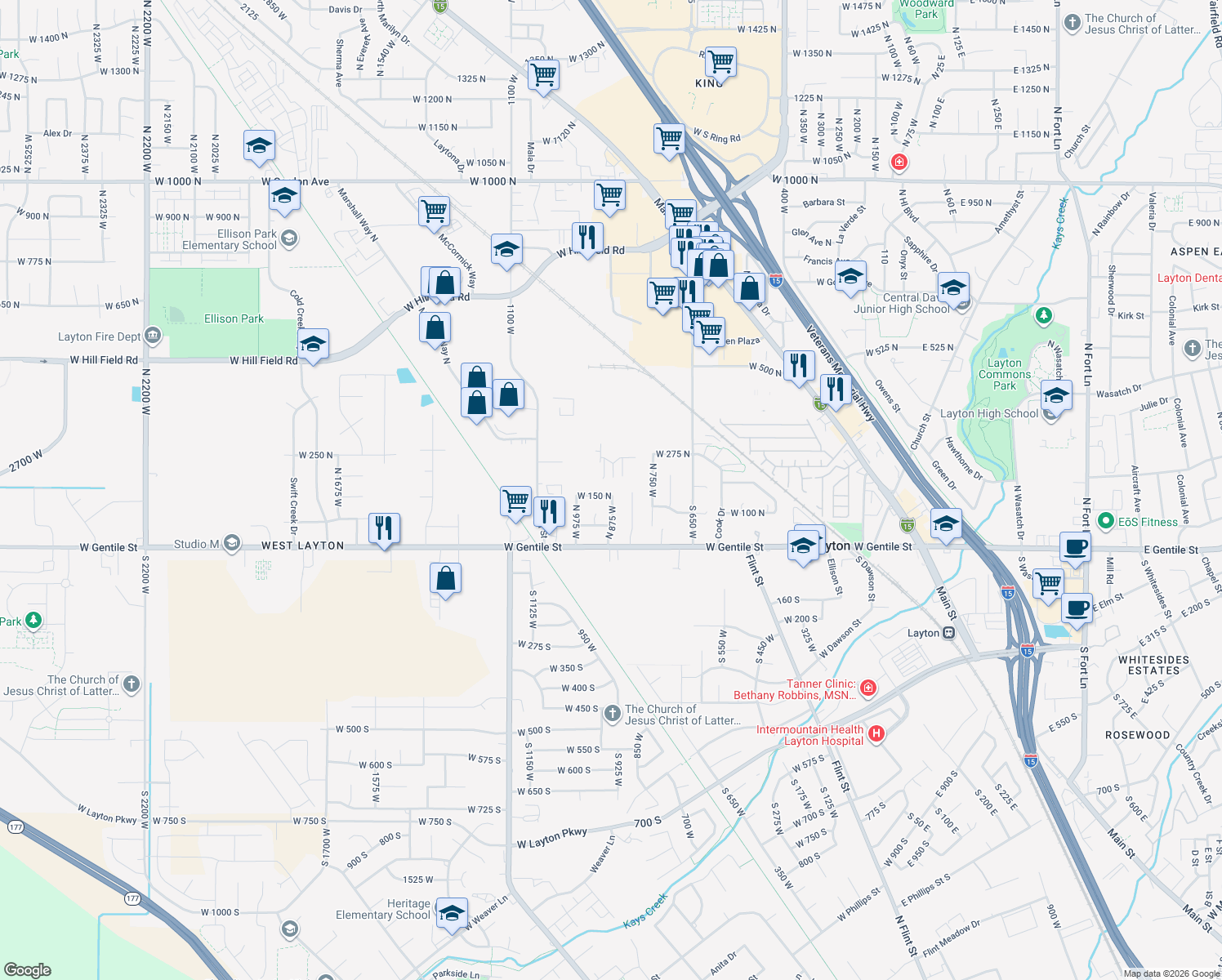 map of restaurants, bars, coffee shops, grocery stores, and more near 880 W 150 N in Layton