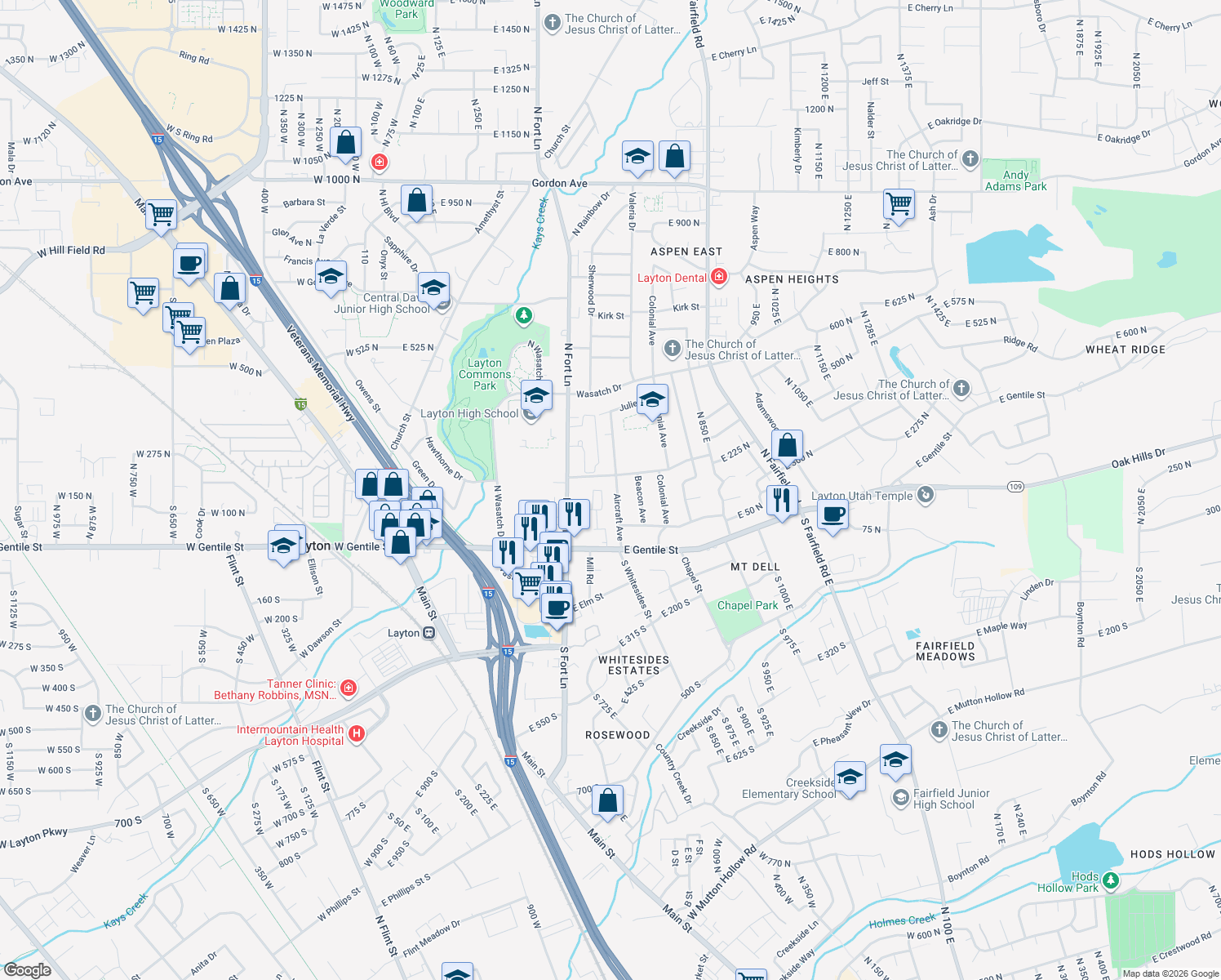 map of restaurants, bars, coffee shops, grocery stores, and more near 109 Aircraft Ave in Layton
