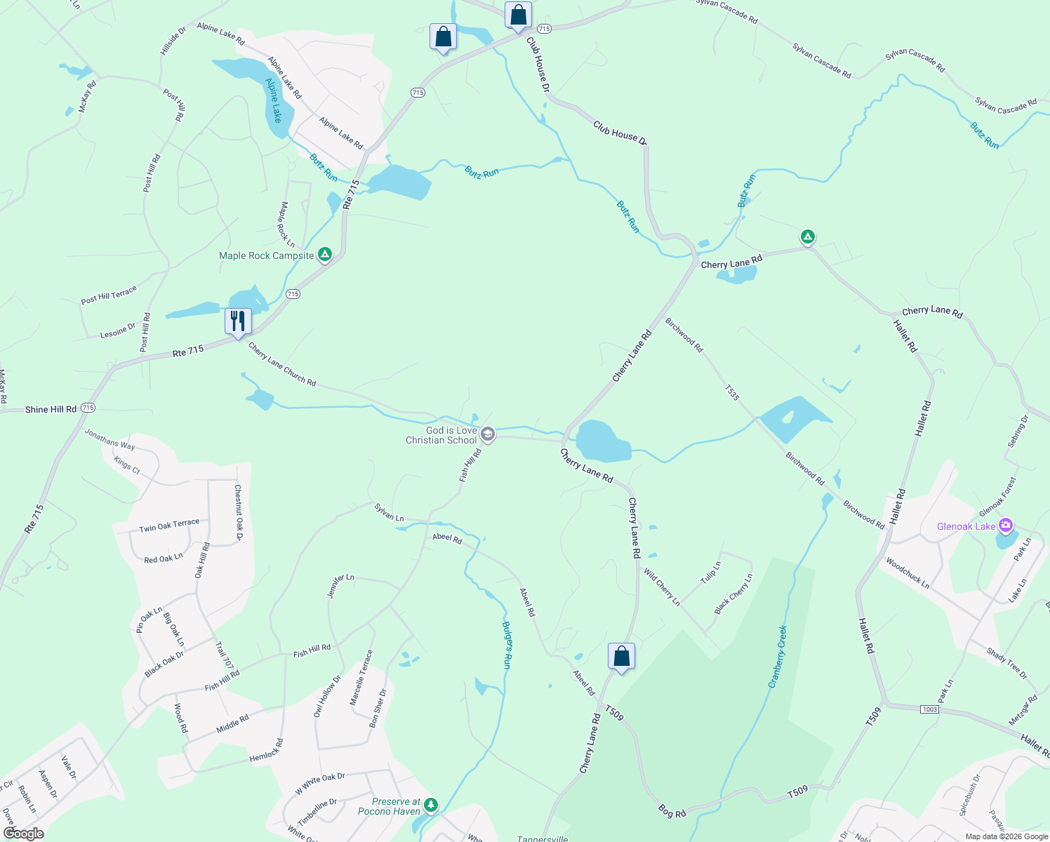 map of restaurants, bars, coffee shops, grocery stores, and more near 10 Cherry Lane Church Road in East Stroudsburg