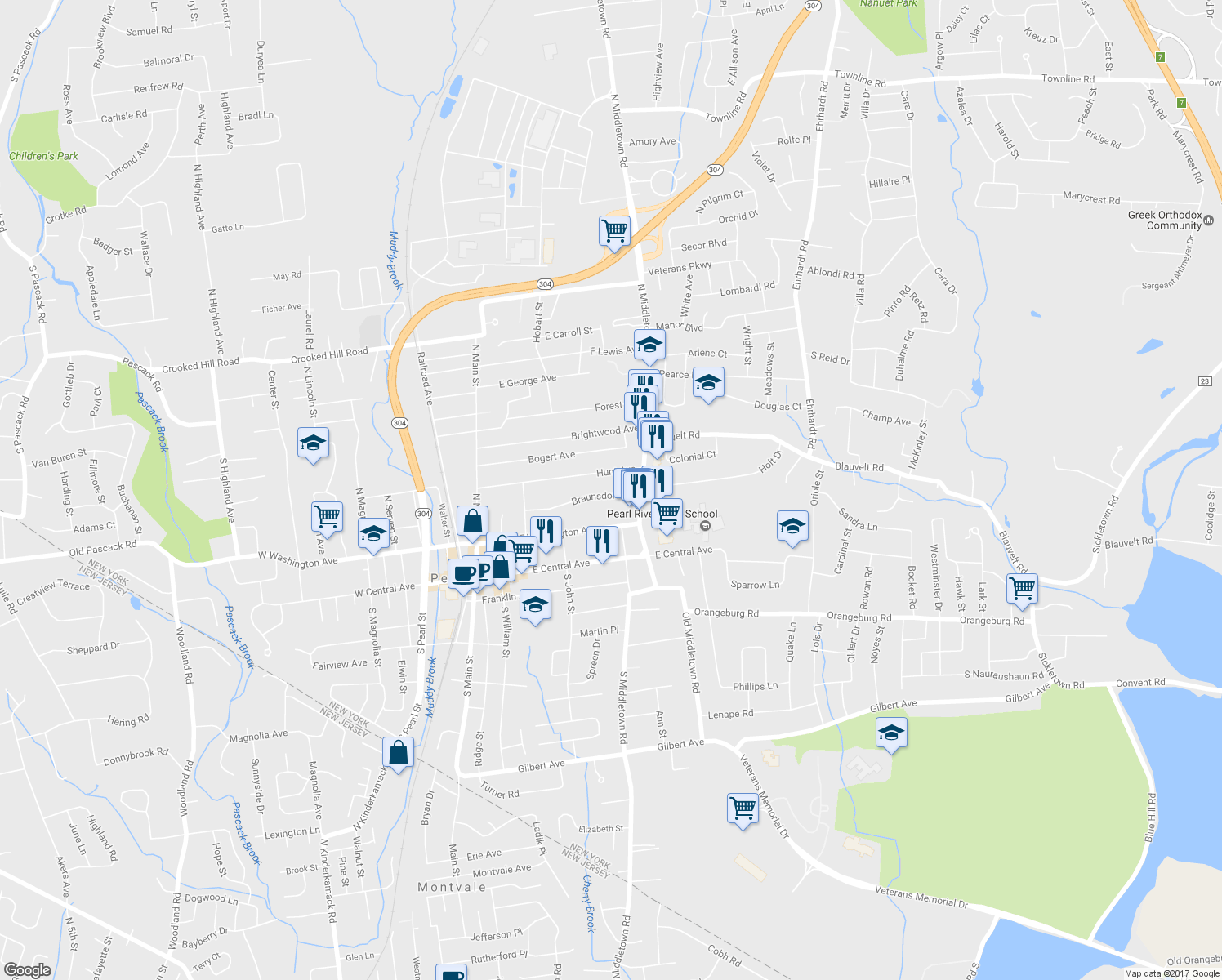 map of restaurants, bars, coffee shops, grocery stores, and more near 155 Braunsdorf Road in Pearl River