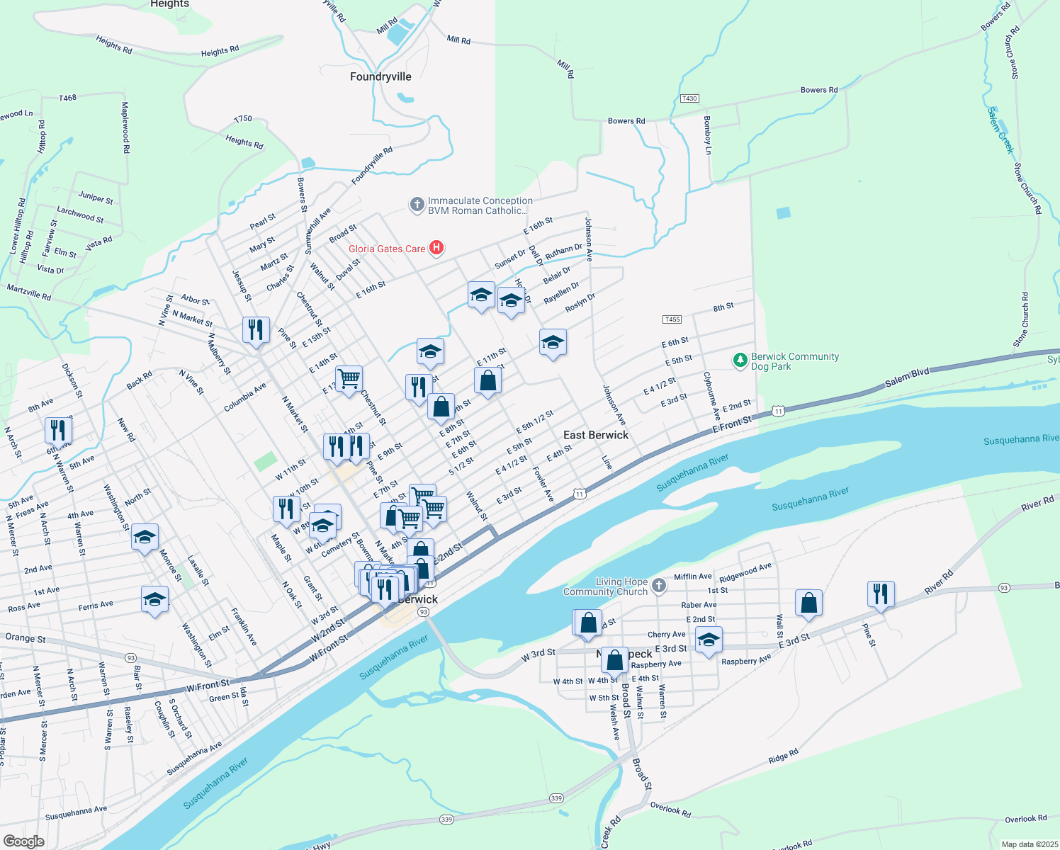 map of restaurants, bars, coffee shops, grocery stores, and more near 5th and a Half Street in Berwick