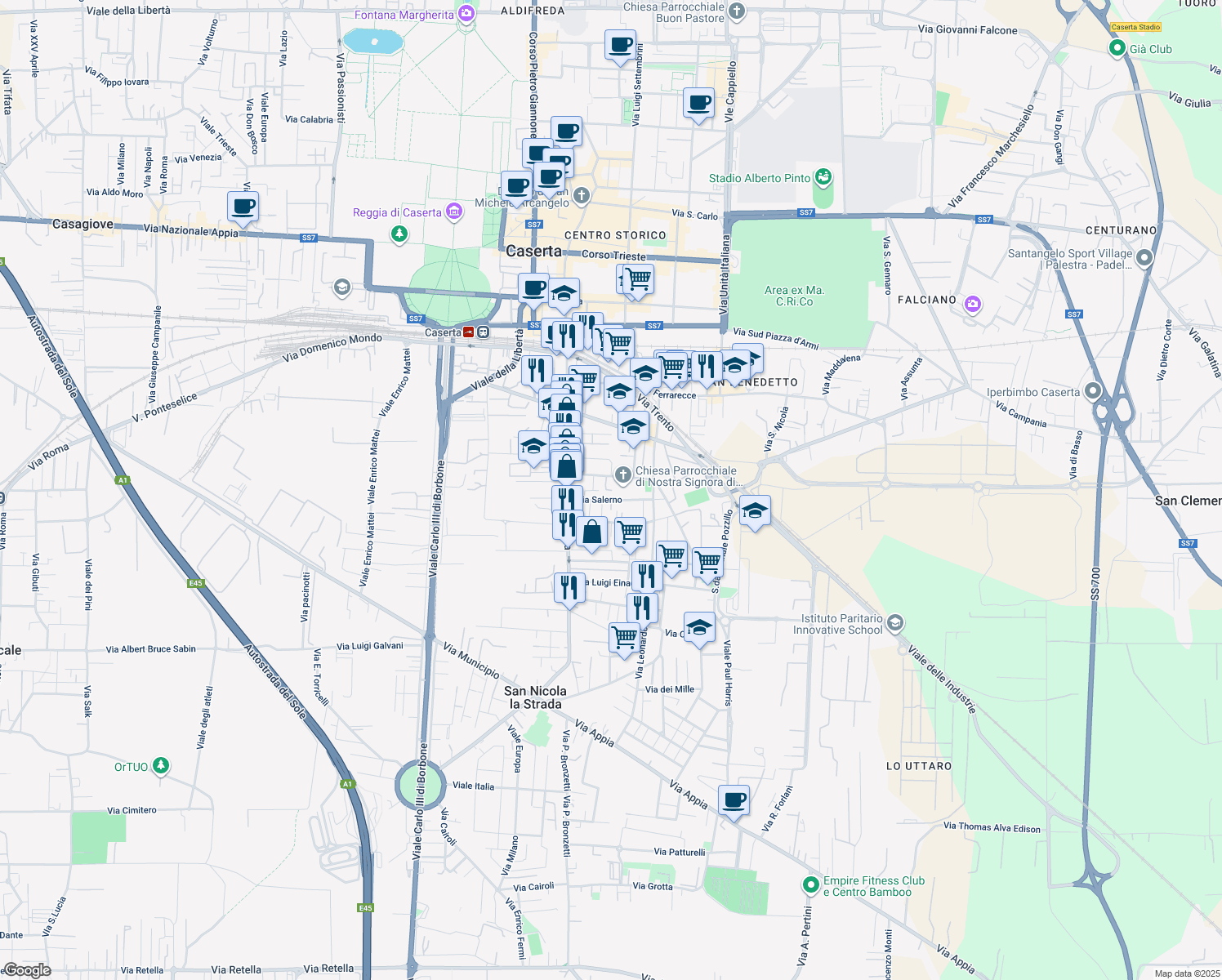 map of restaurants, bars, coffee shops, grocery stores, and more near 15 Via Salvatore di Giacomo in Caserta