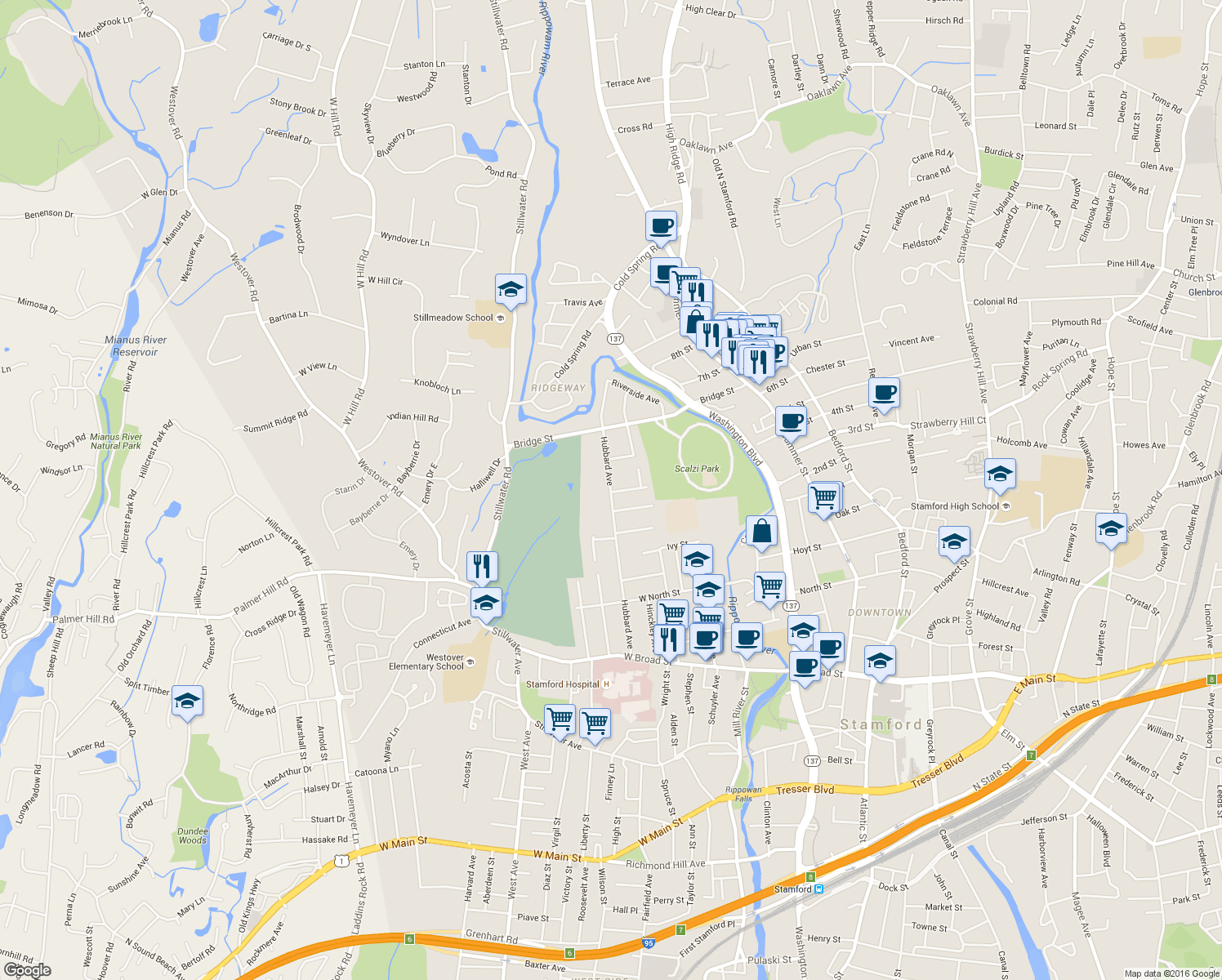 map of restaurants, bars, coffee shops, grocery stores, and more near 191 Hubbard Avenue in Stamford