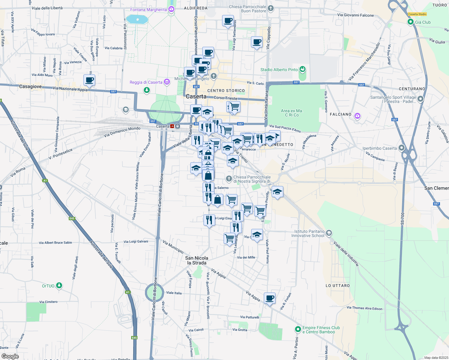 map of restaurants, bars, coffee shops, grocery stores, and more near 15 Via Salvatore di Giacomo in Caserta
