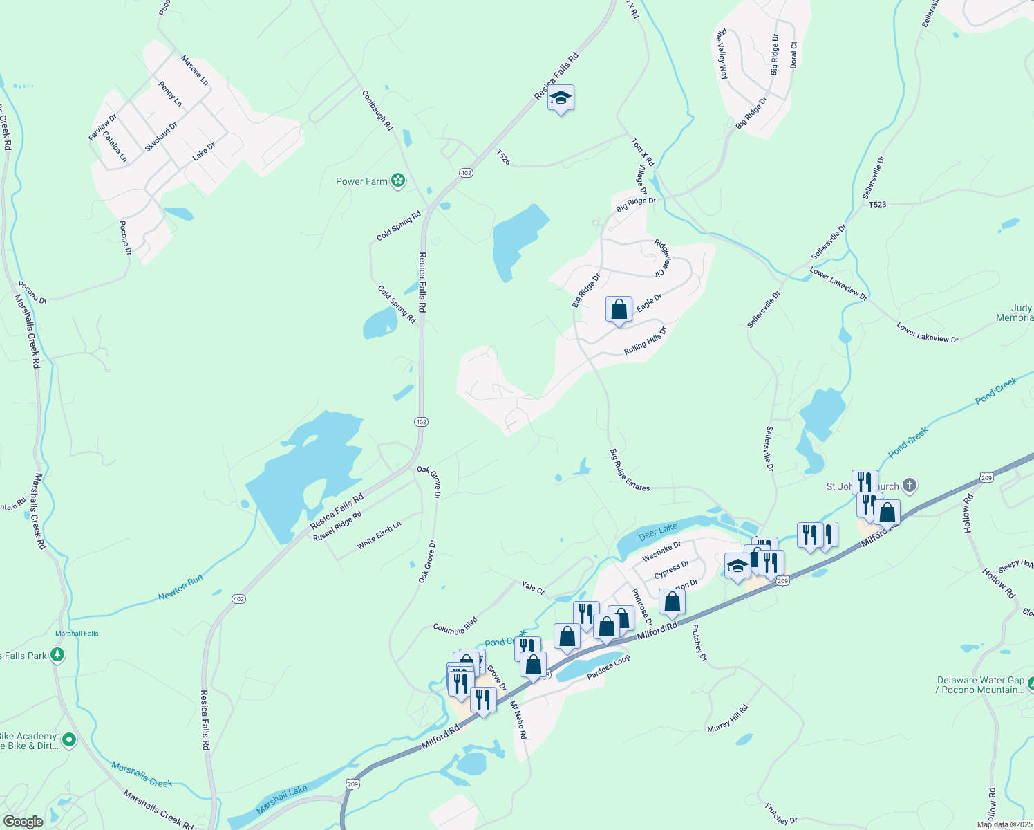 map of restaurants, bars, coffee shops, grocery stores, and more near 615 Champion Way in East Stroudsburg
