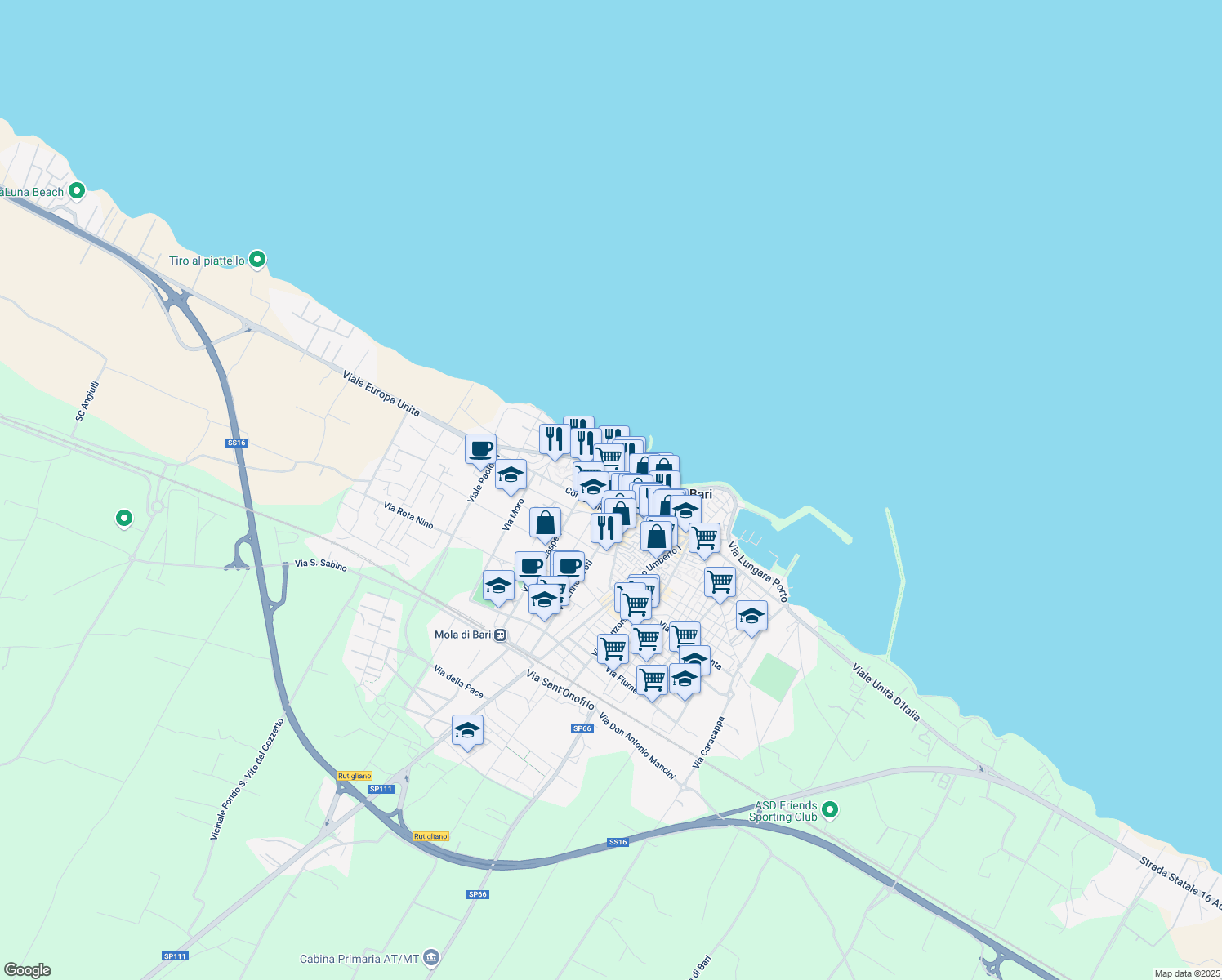 map of restaurants, bars, coffee shops, grocery stores, and more near Via Michelangelo Buonarroti in Mola di Bari