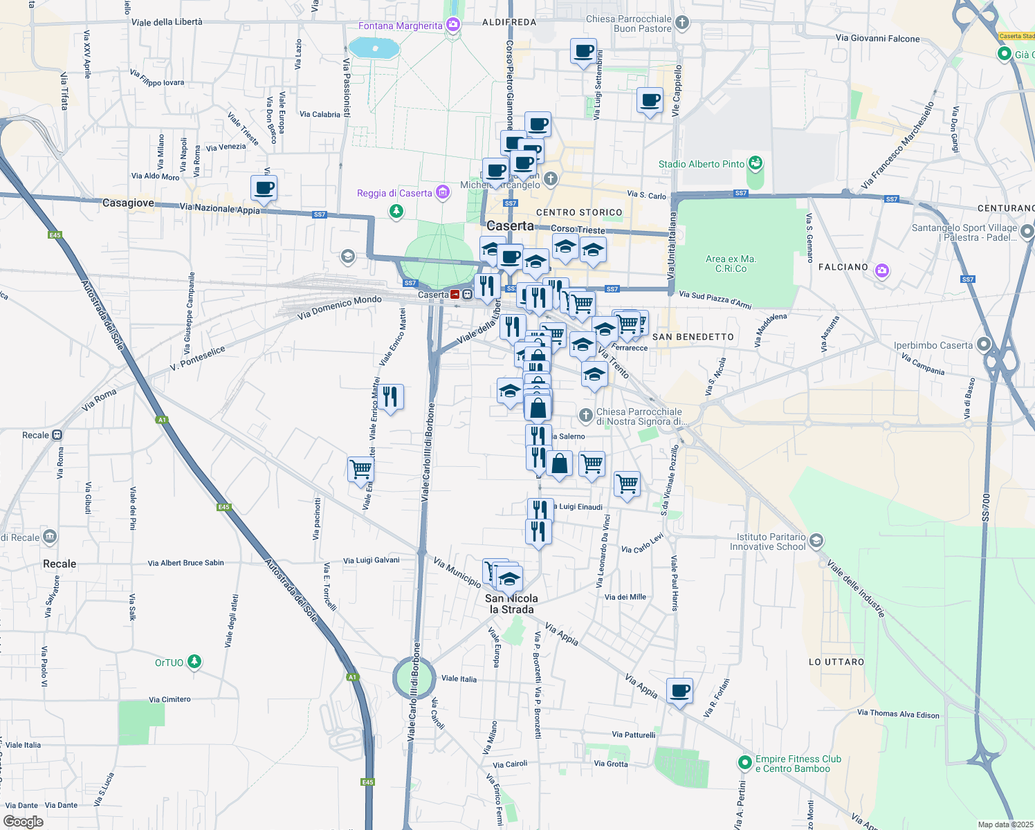 map of restaurants, bars, coffee shops, grocery stores, and more near 9 Via Clanio in Caserta