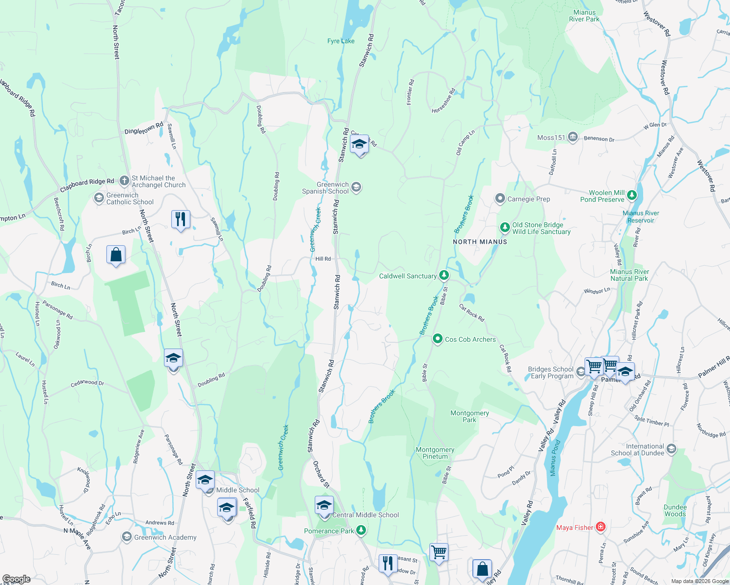 map of restaurants, bars, coffee shops, grocery stores, and more near 14 Tomahawk Ln in Greenwich