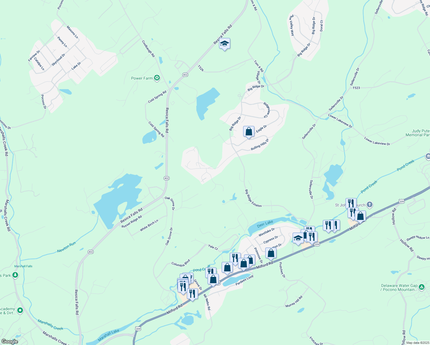 map of restaurants, bars, coffee shops, grocery stores, and more near 256 Fringe Drive in East Stroudsburg