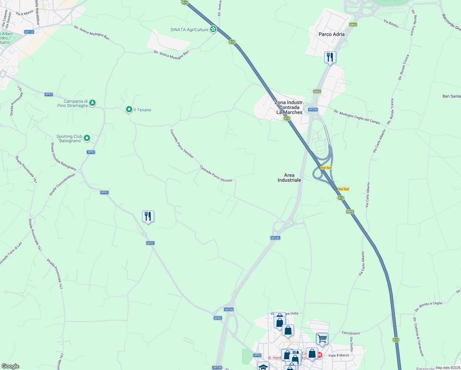 map of restaurants, bars, coffee shops, grocery stores, and more near 11 Contrada Parco Vecchio in Città Metropolitana di Bari