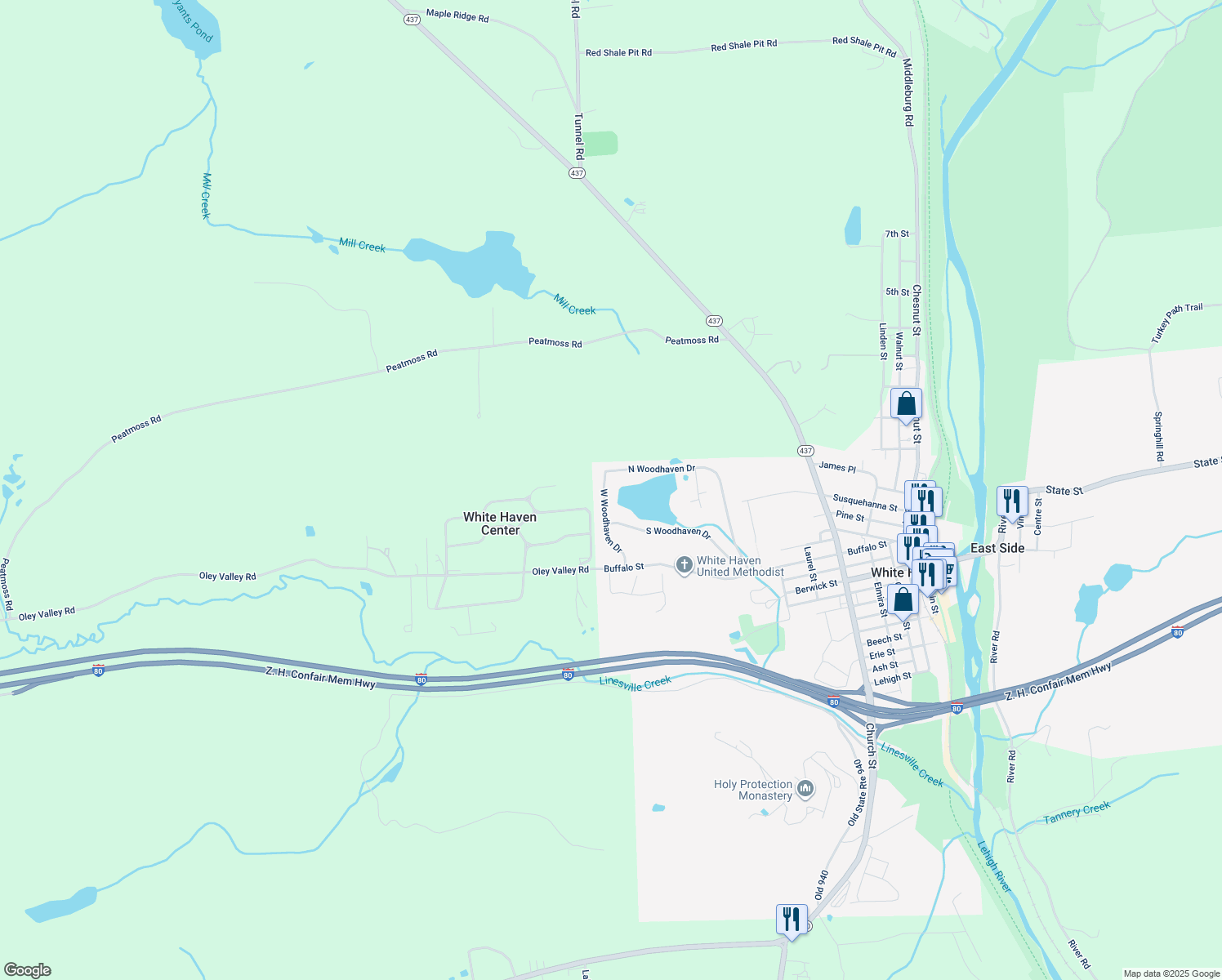 map of restaurants, bars, coffee shops, grocery stores, and more near 180 W Woodhaven Dr in White Haven